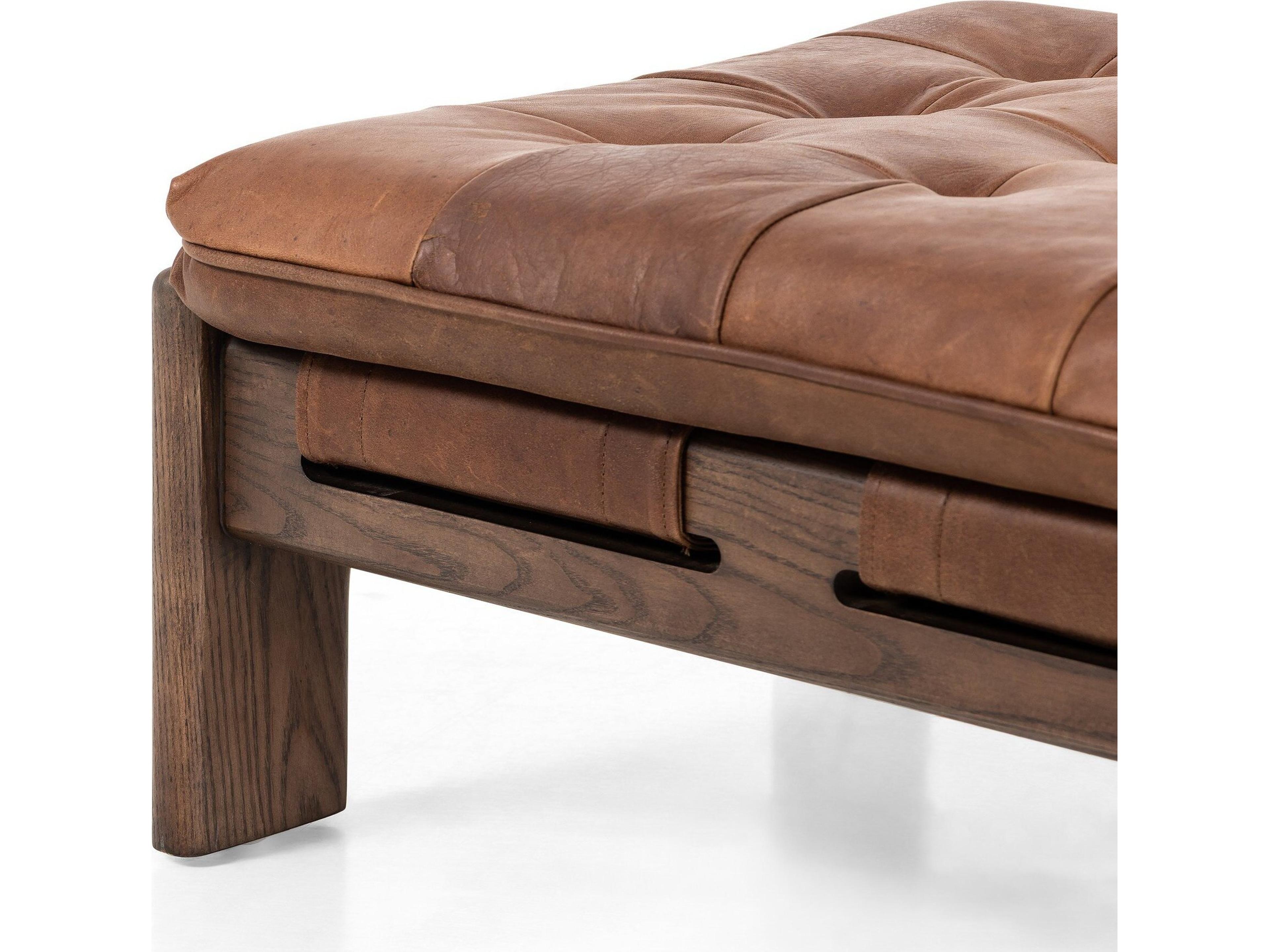 Four Hands Kensington Halston Heirloom Sienna Terra Brown Ash Leather Ottoman