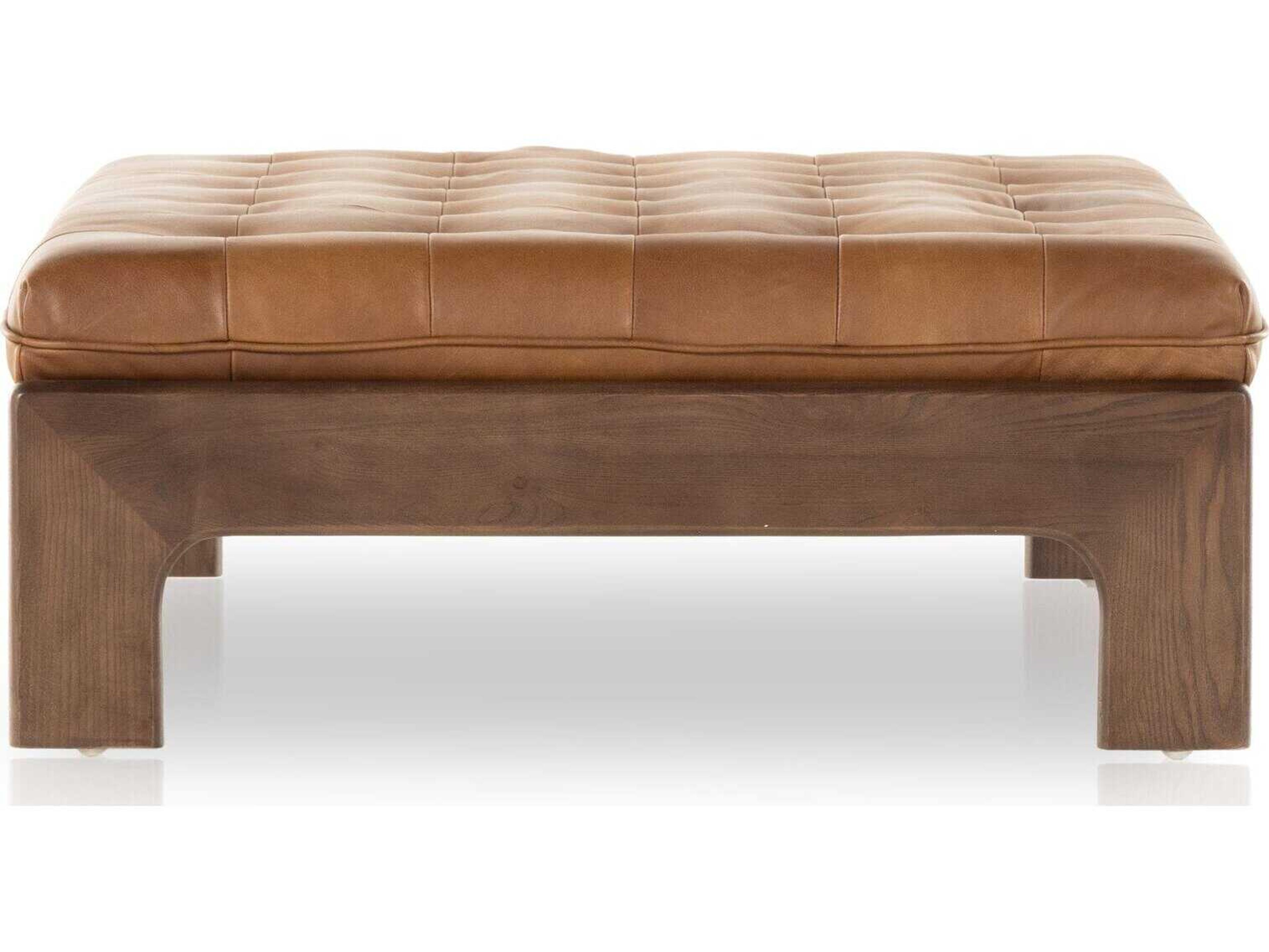 Four Hands Kensington Halston Heirloom Sienna Terra Brown Ash Leather Ottoman
