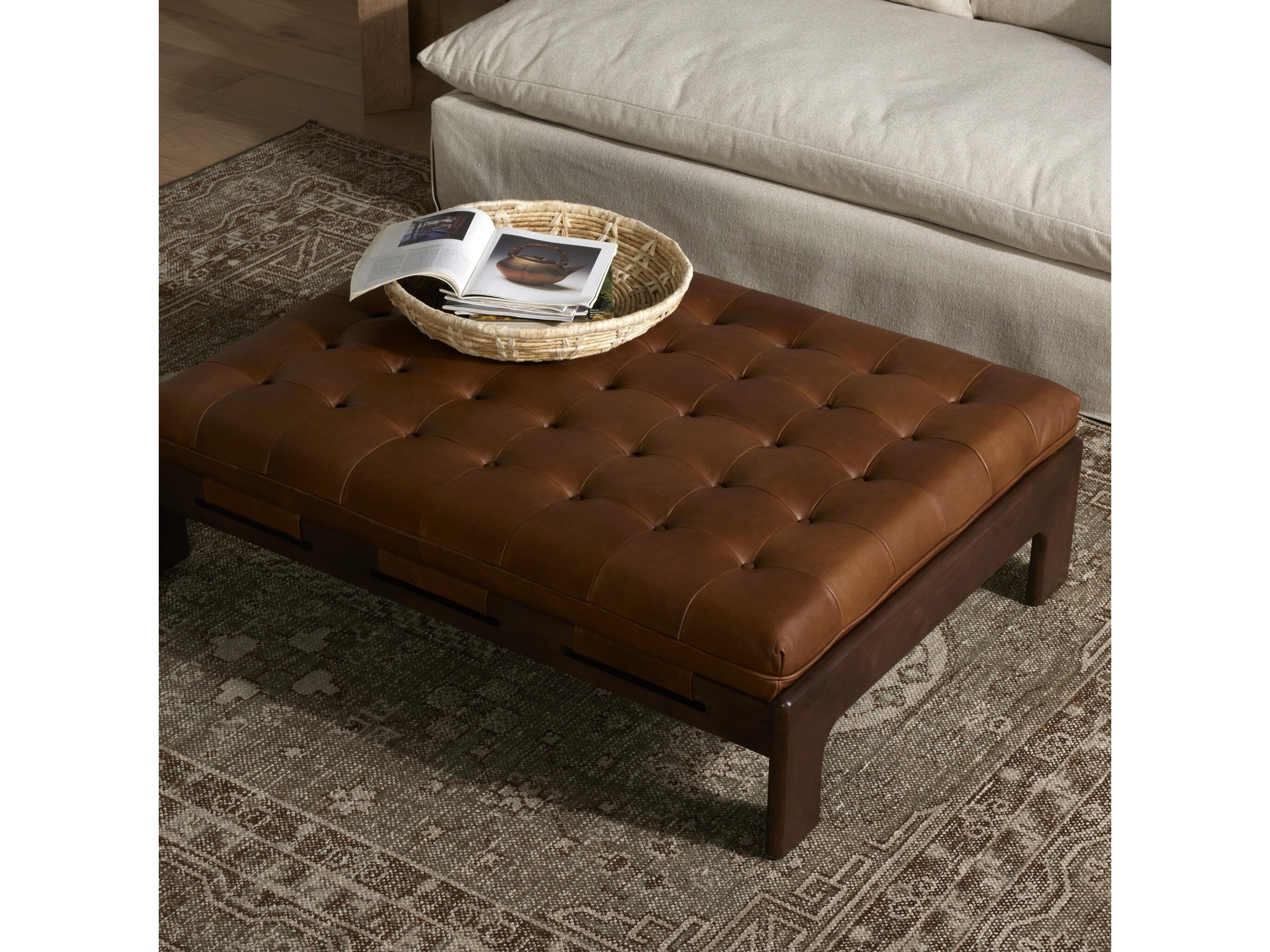 Four Hands Kensington Halston Heirloom Sienna Terra Brown Ash Leather Ottoman
