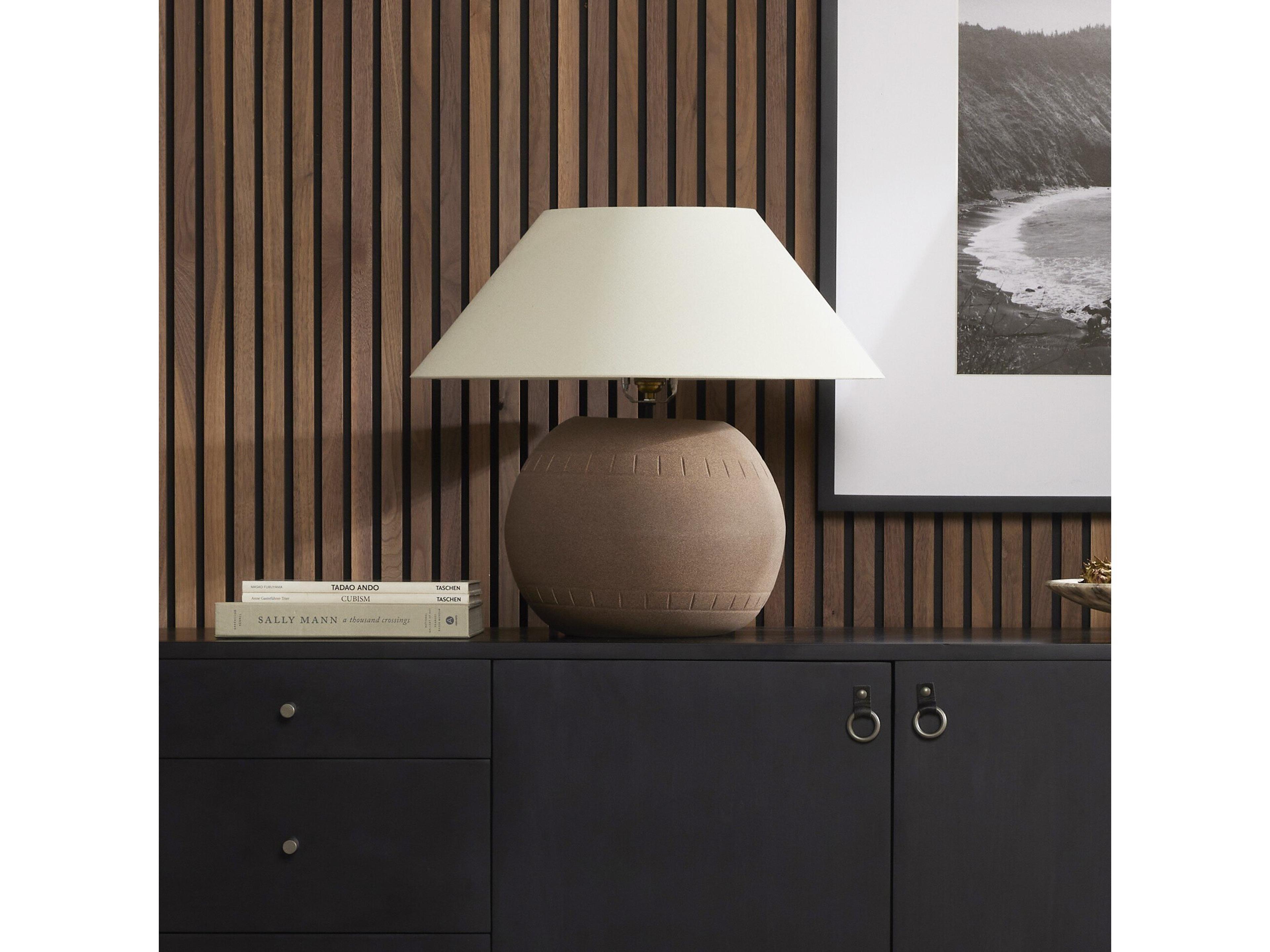 Four Hands Ryker Dark Sand Ivory Linen Brown LED Table Lamp