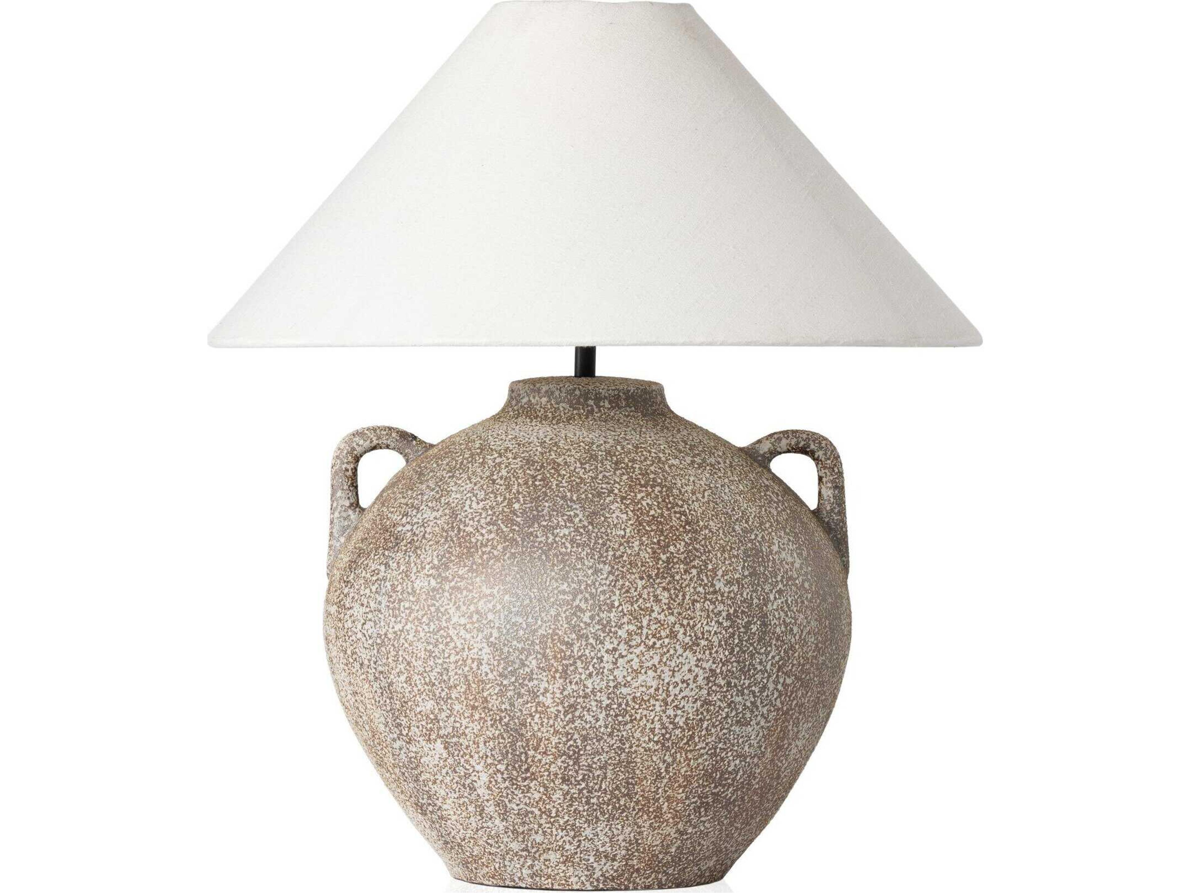 Four Hands Ryker Vintage Brown Ceramic Ivory Linen White LED Table Lamp