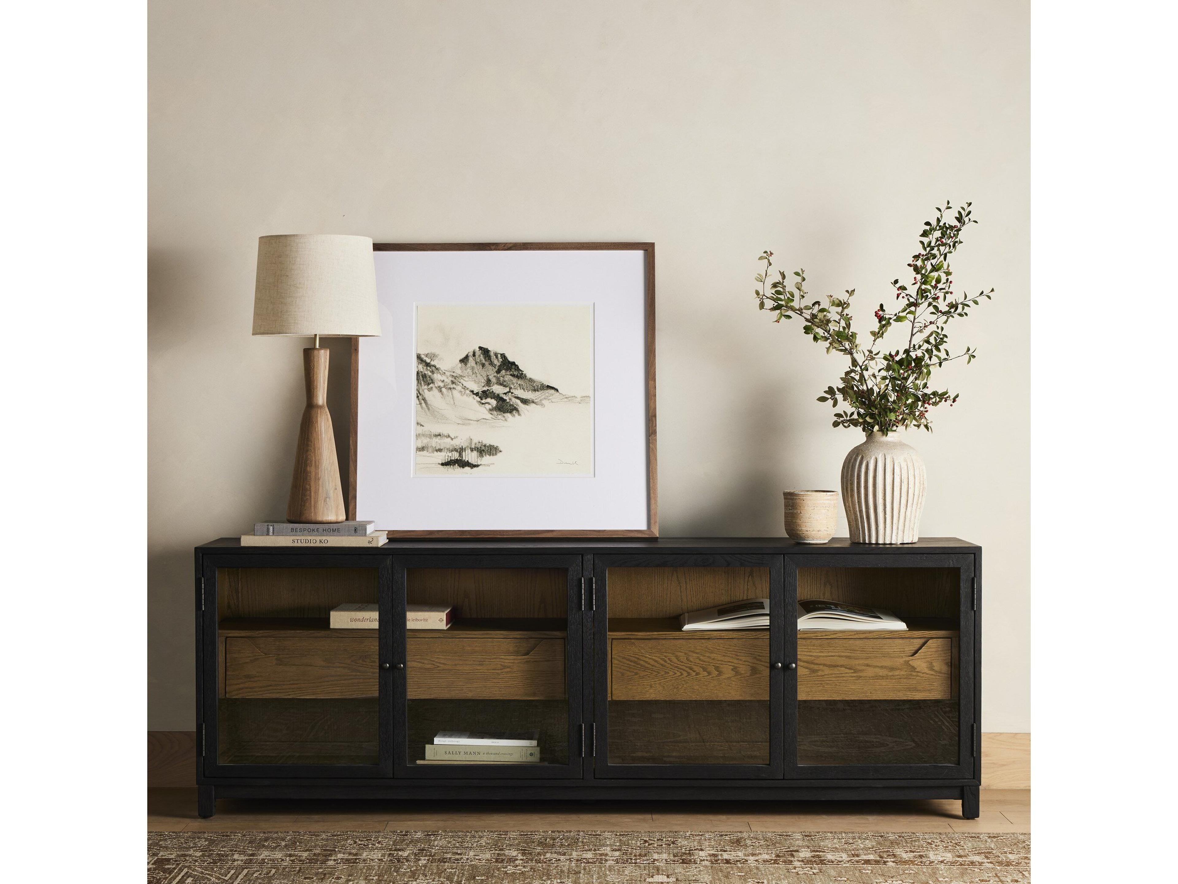 Four Hands Irondale Millie 78" Oak Wood Tempered Glass Drifted Black Media Console