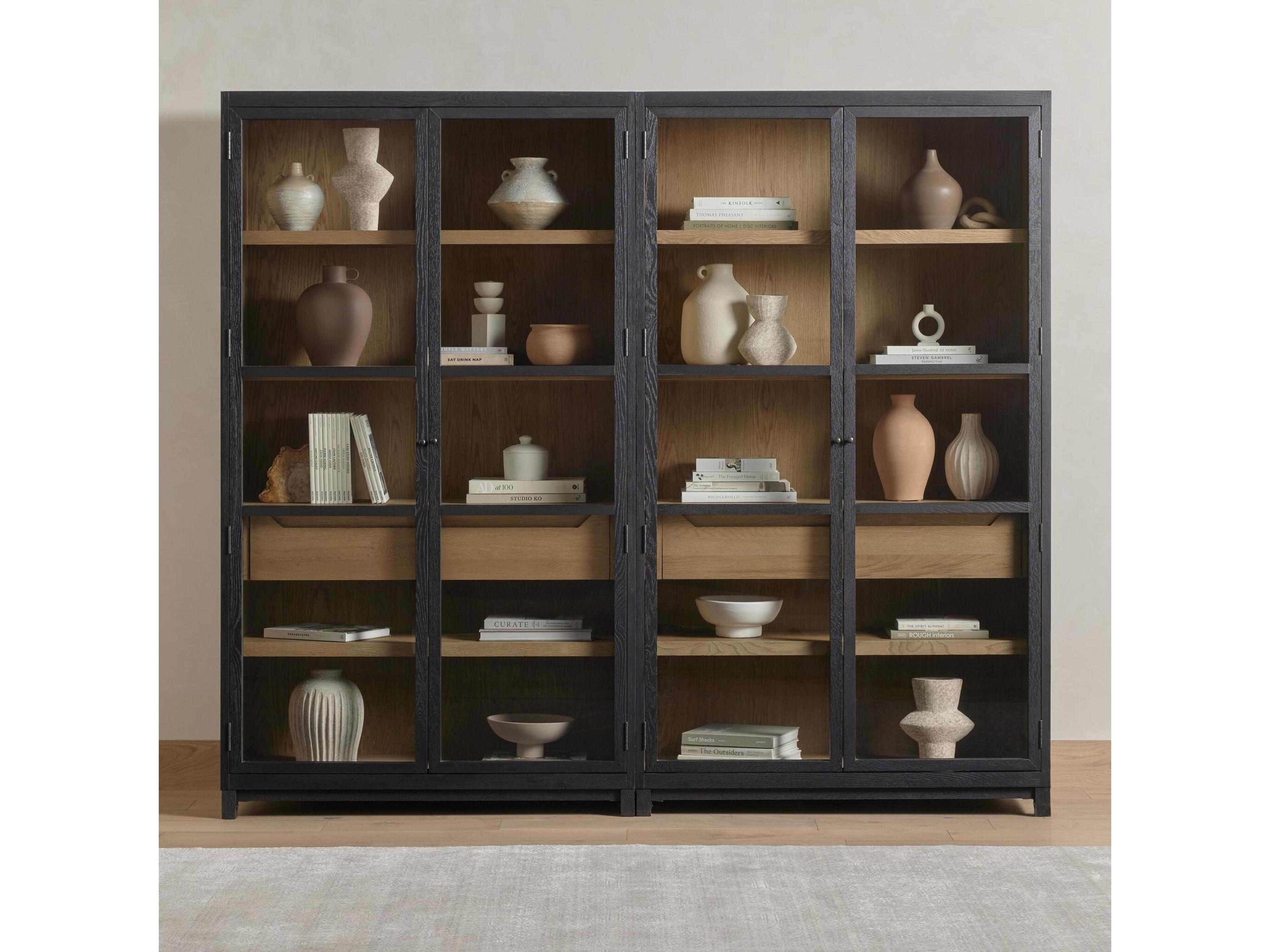 Four Hands Irondale Millie Oak Wood Tempered Glass Drifted Black Display Cabinet