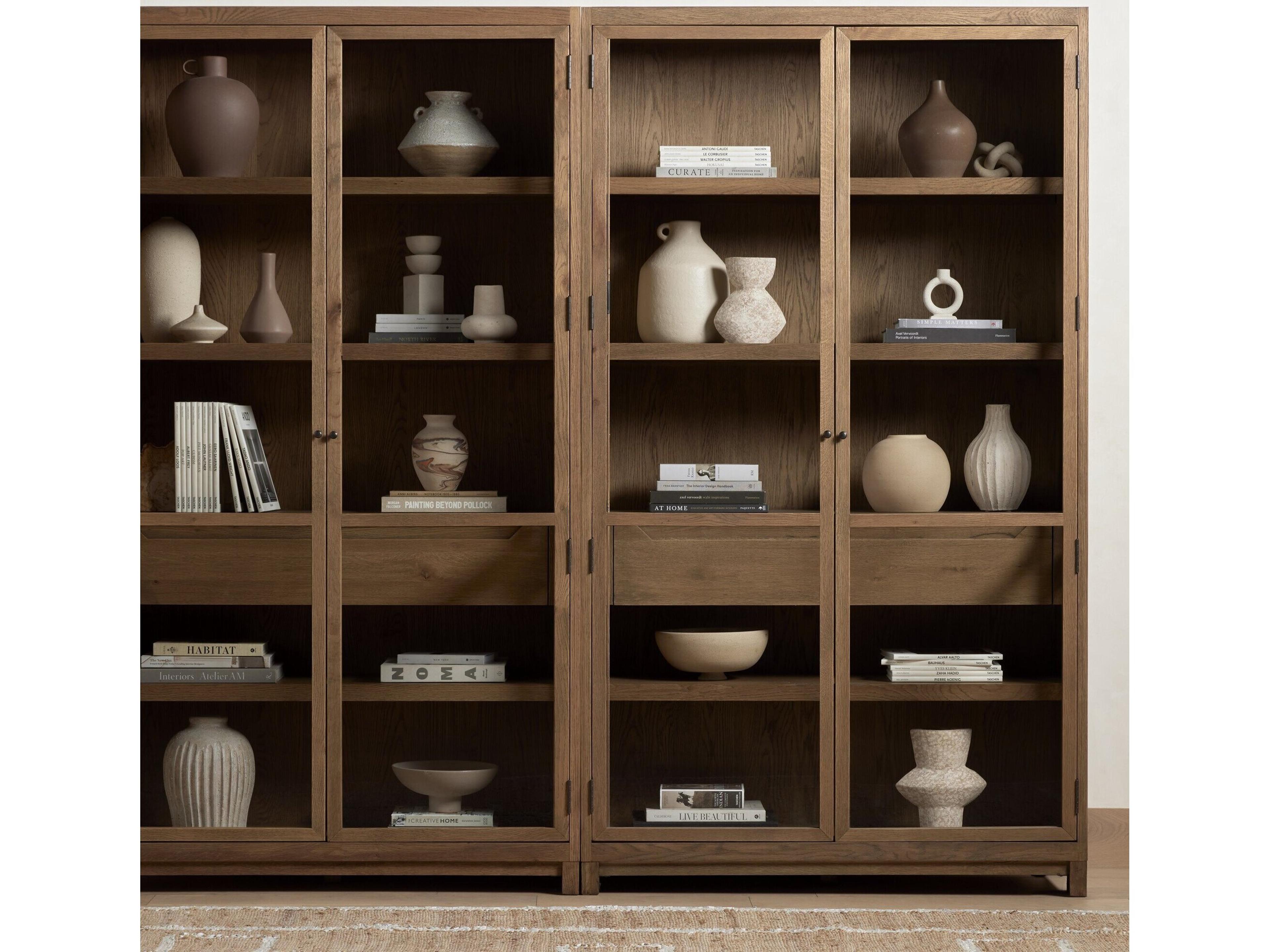 Four Hands Irondale Millie Oak Wood Tempered Glass Drifted Display Cabinet