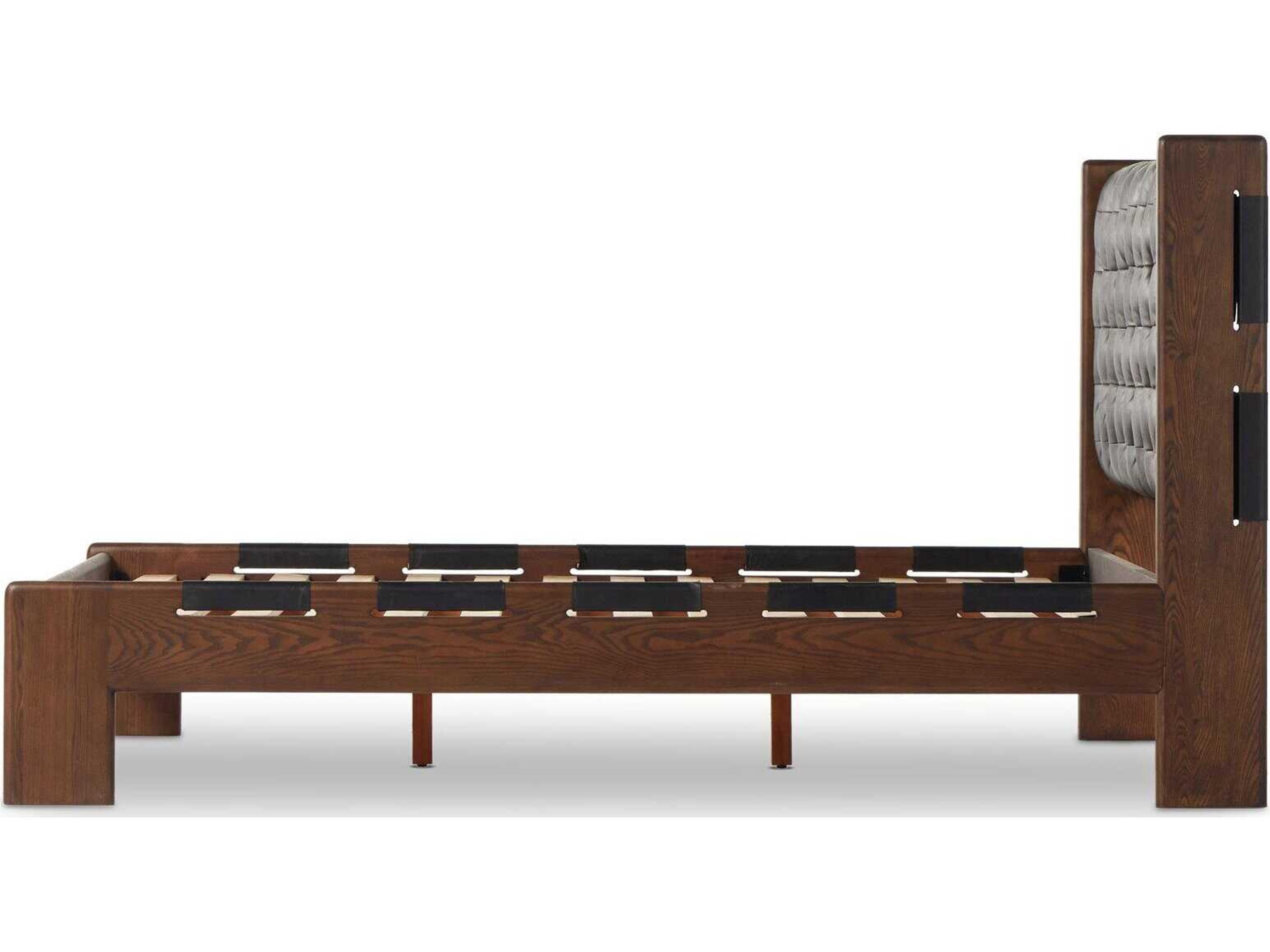 Four Hands Bolton Halston Terra Brown Ash Black Wood Leather Queen Panel Bed