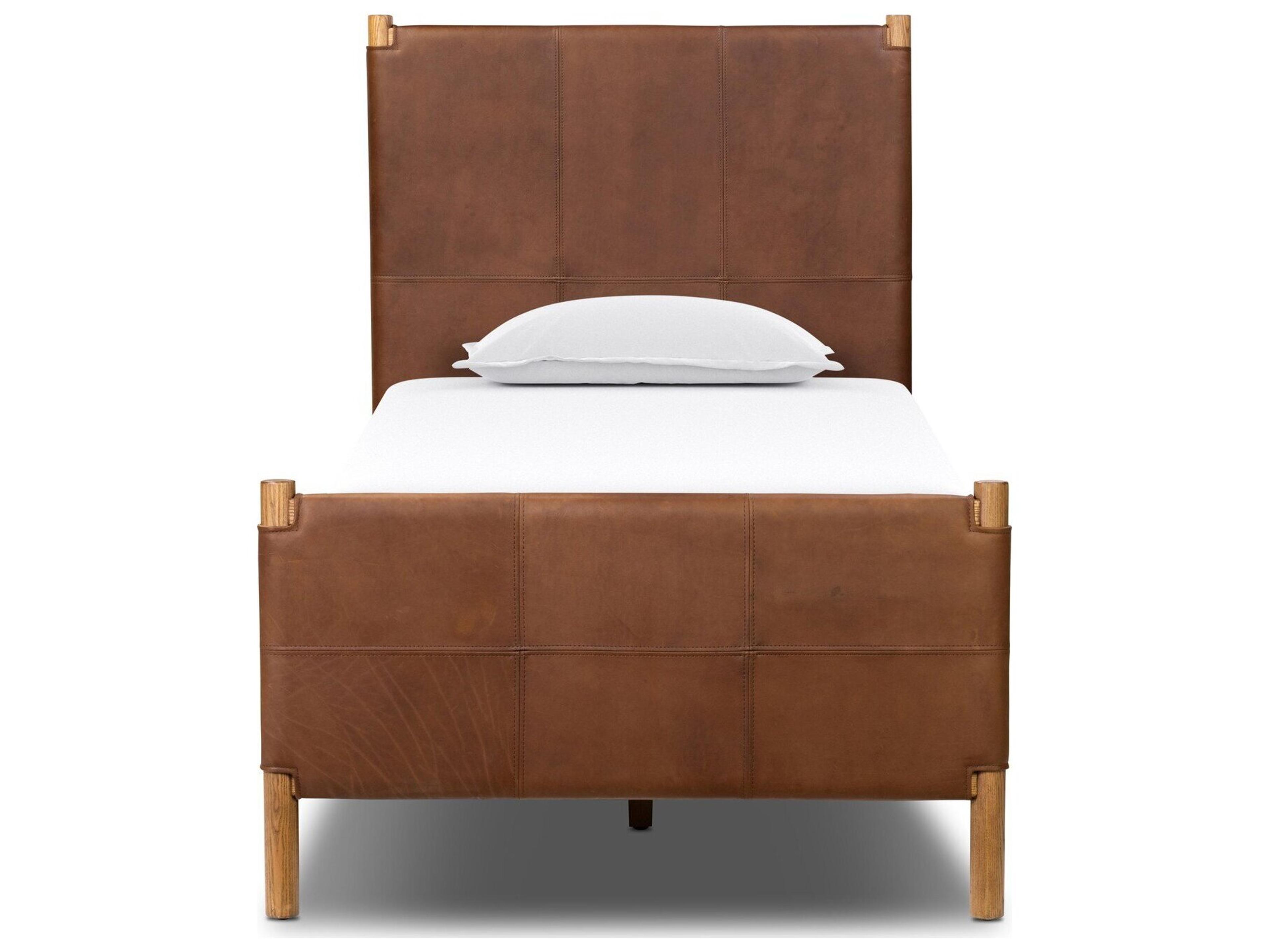 Four Hands Bolton Brown Ash Wood Leather Twin Panel Bed