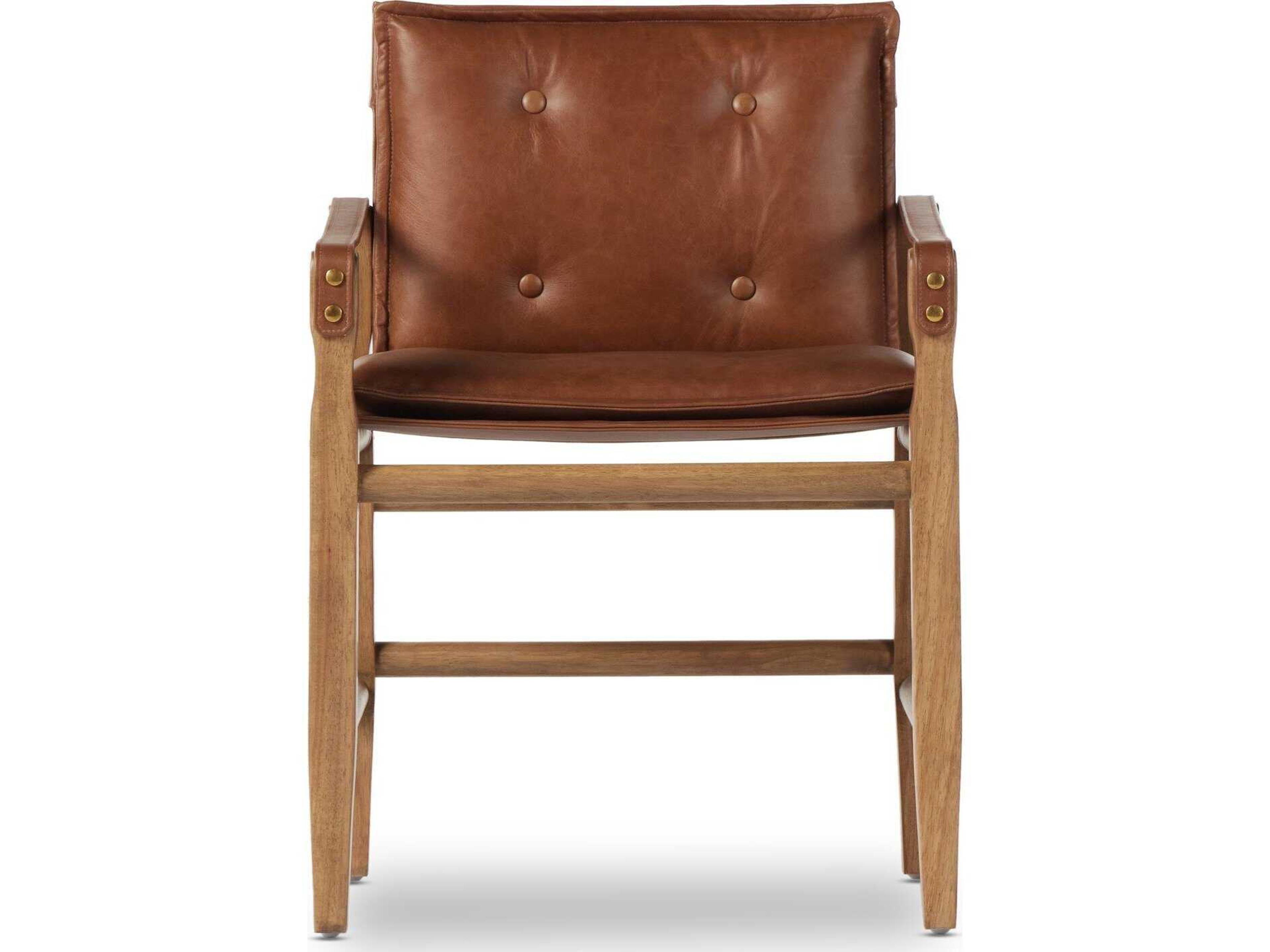Four Hands Westgate Lenz Leather Parrawood Brown Upholstered Arm Dining Chair