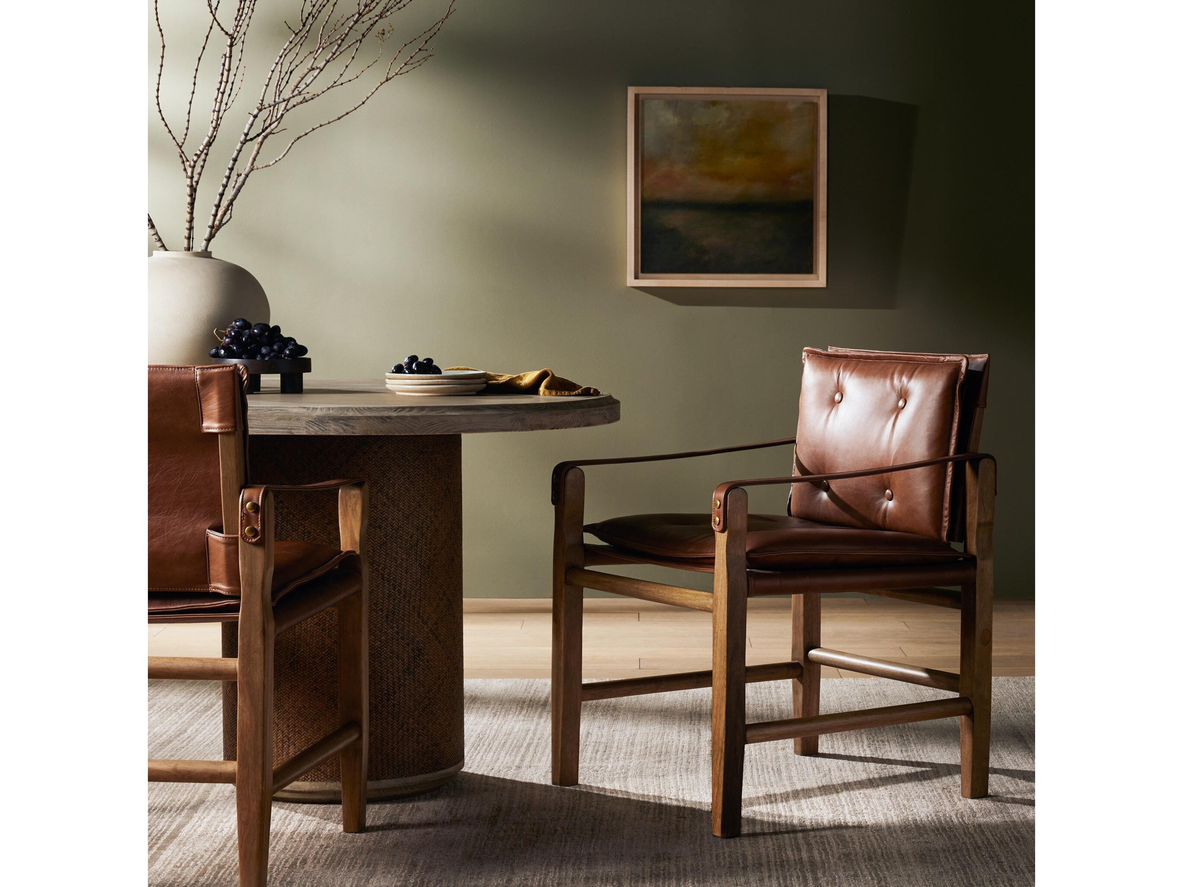 Four Hands Westgate Lenz Leather Parrawood Brown Upholstered Arm Dining Chair