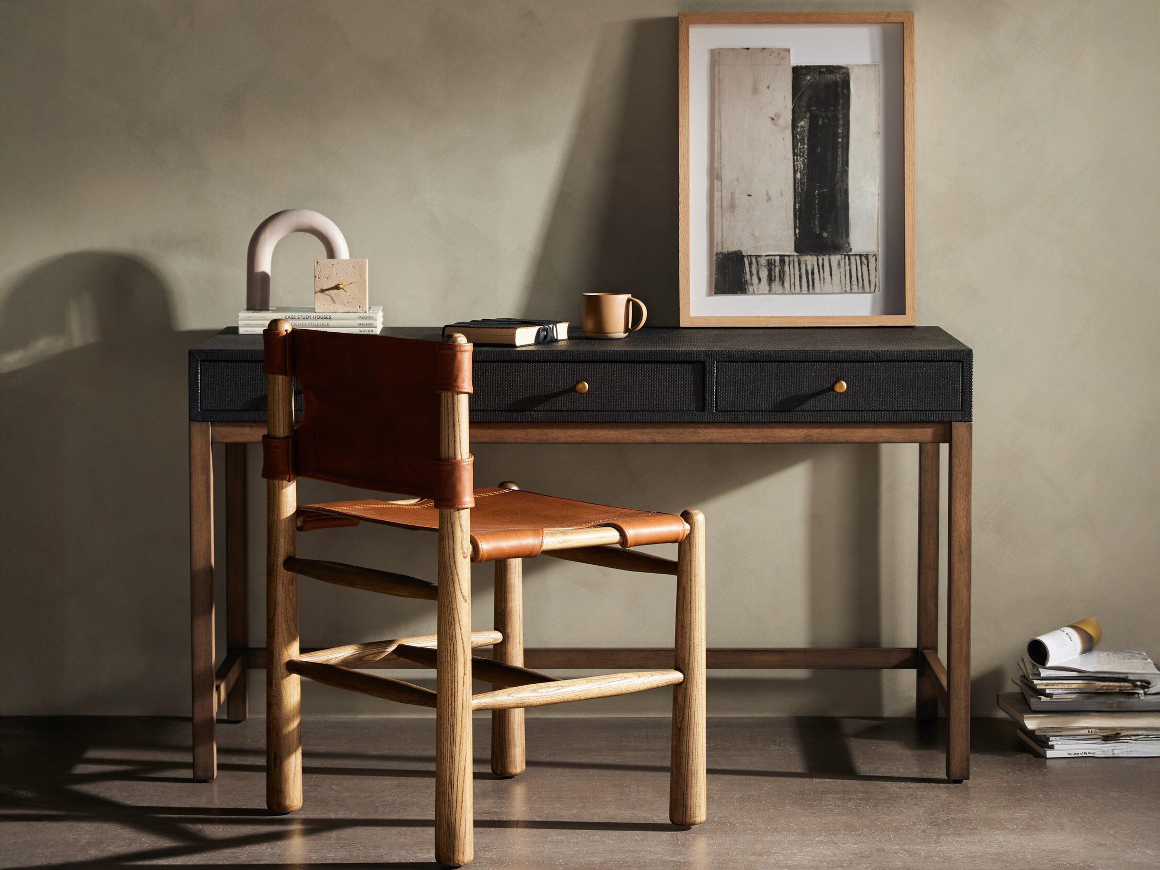 Four Hands Callahan Fiona Russet Mahogany Black Raffia Wood Writing Desk