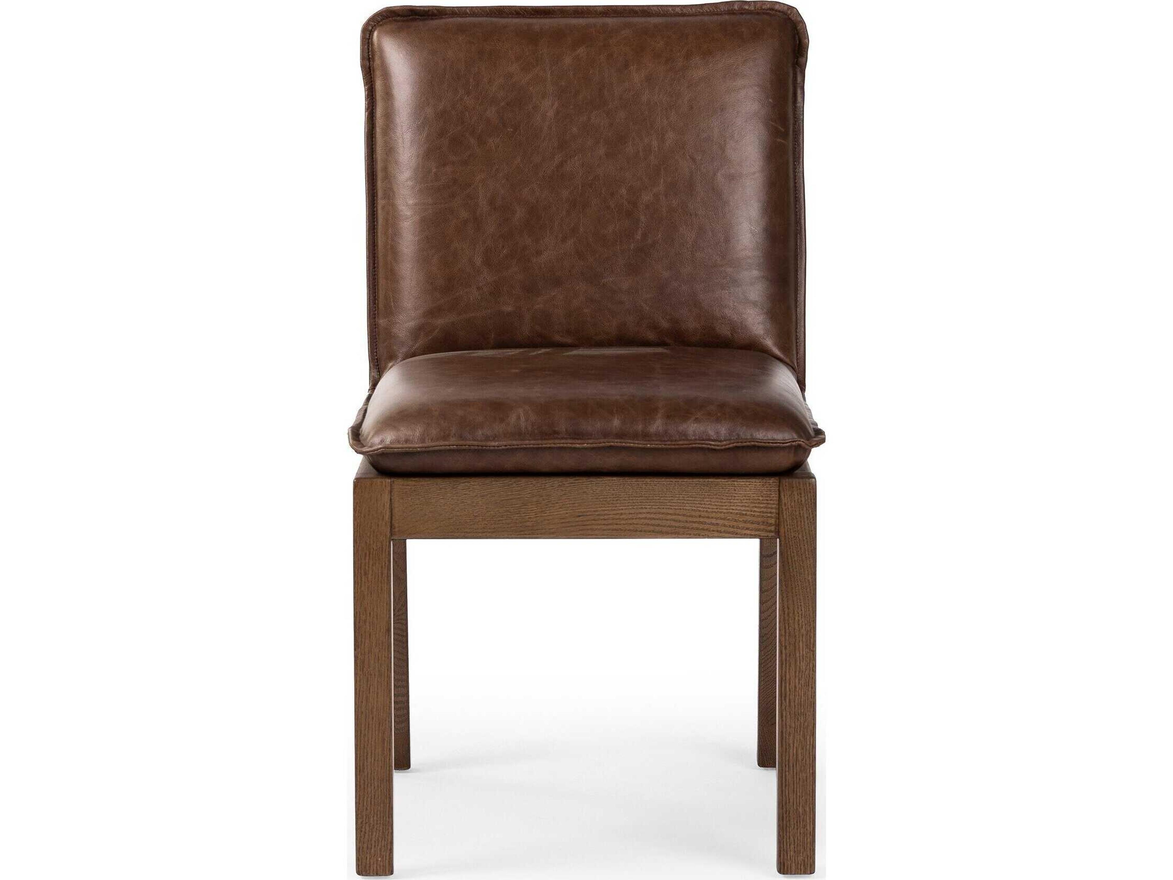 Four Hands Ashford Oak Wood Brown Leather Side Dining Chair