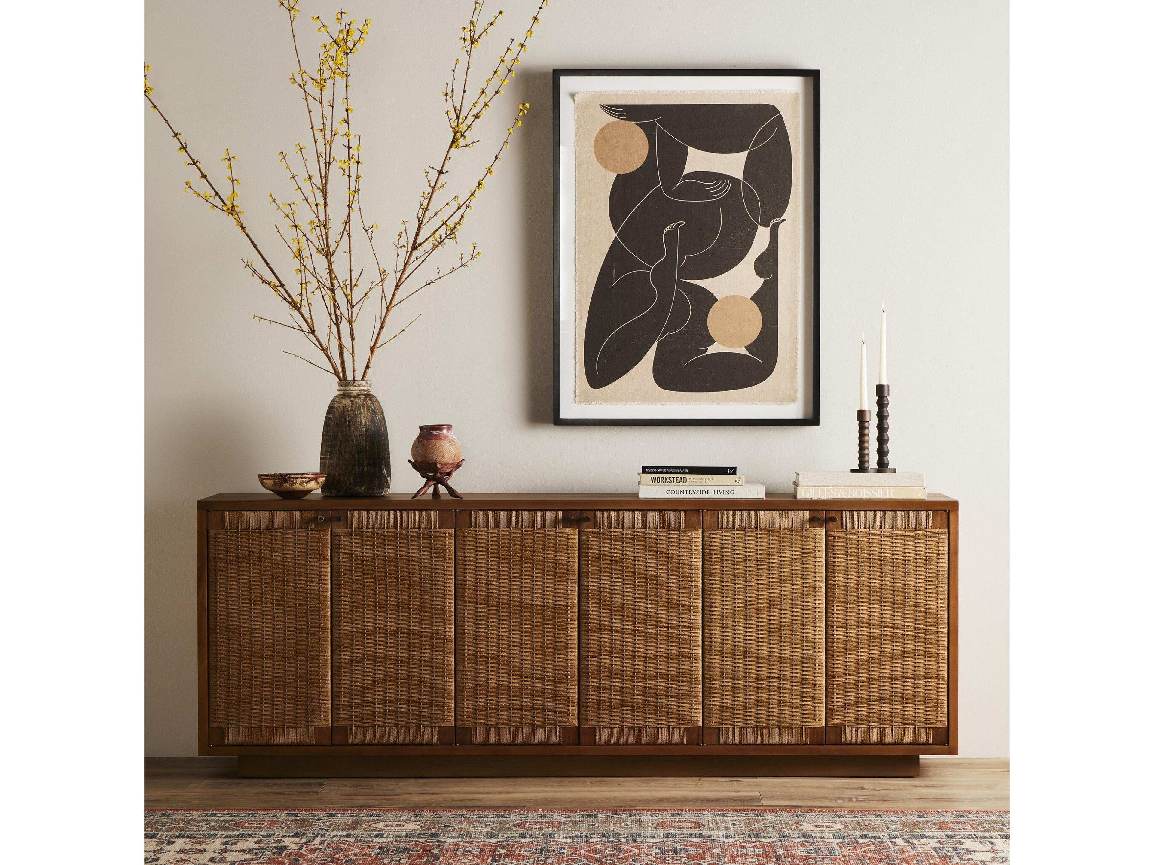 Four Hands Slayton Macklin 82" Mahogany Wood Light Natural Paper Rush Brass Sideboard