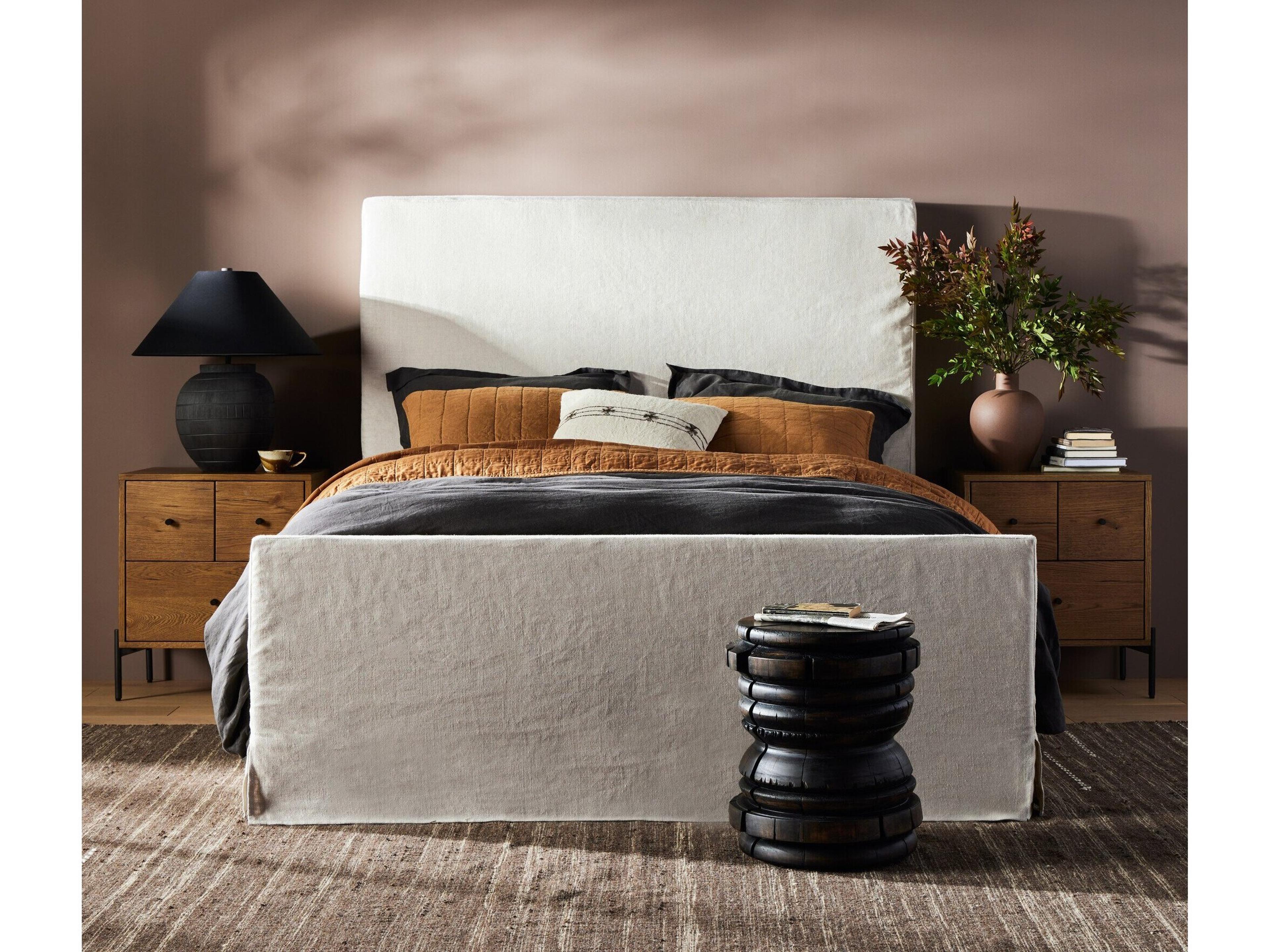 Four Hands Kensington Brussels Natural Almond Beige Parrawood Wood Queen Panel Bed