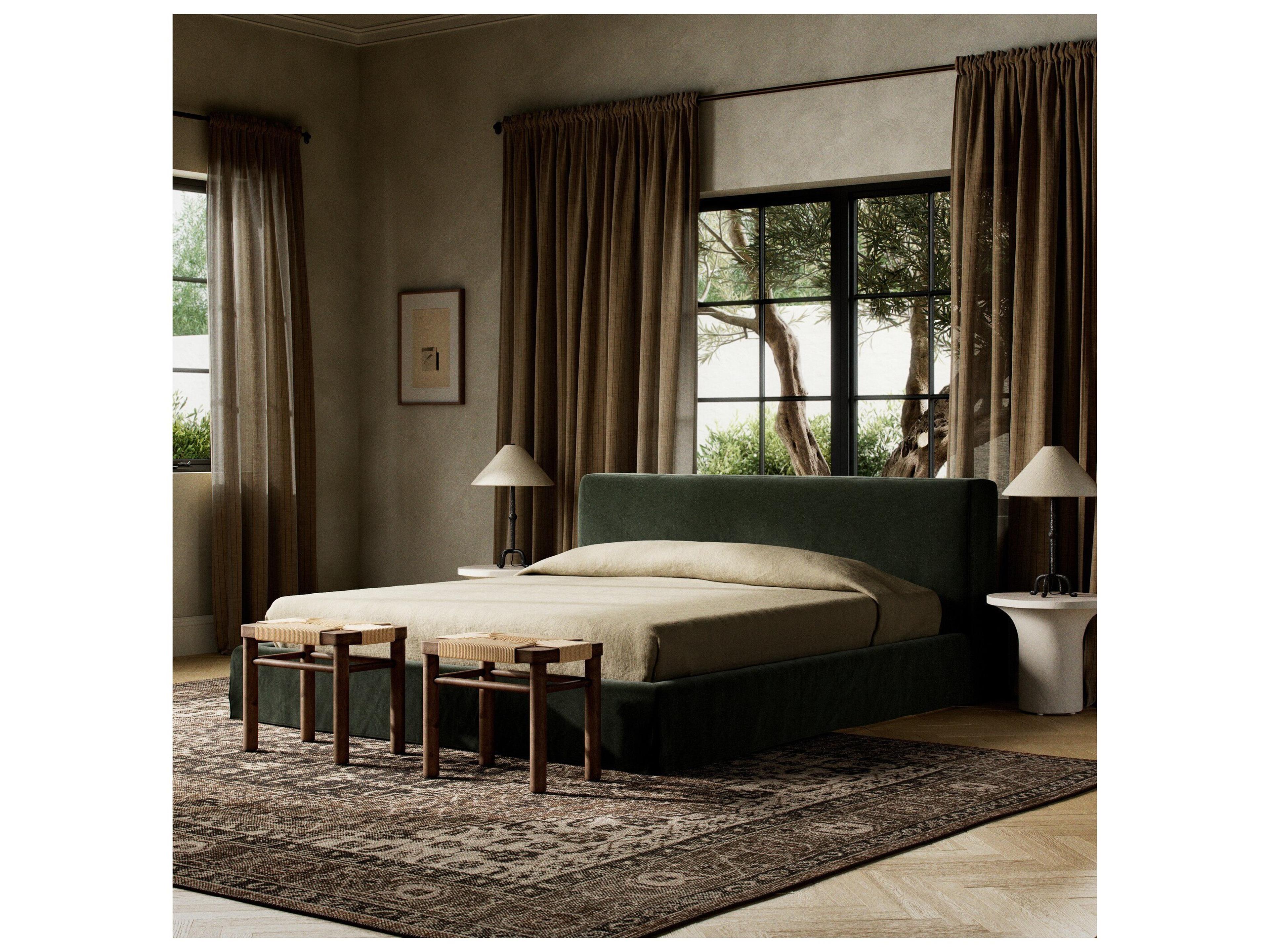 Four Hands Kensington Aidan Brussels Pine Green Parrawood Upholstered King Platform Bed