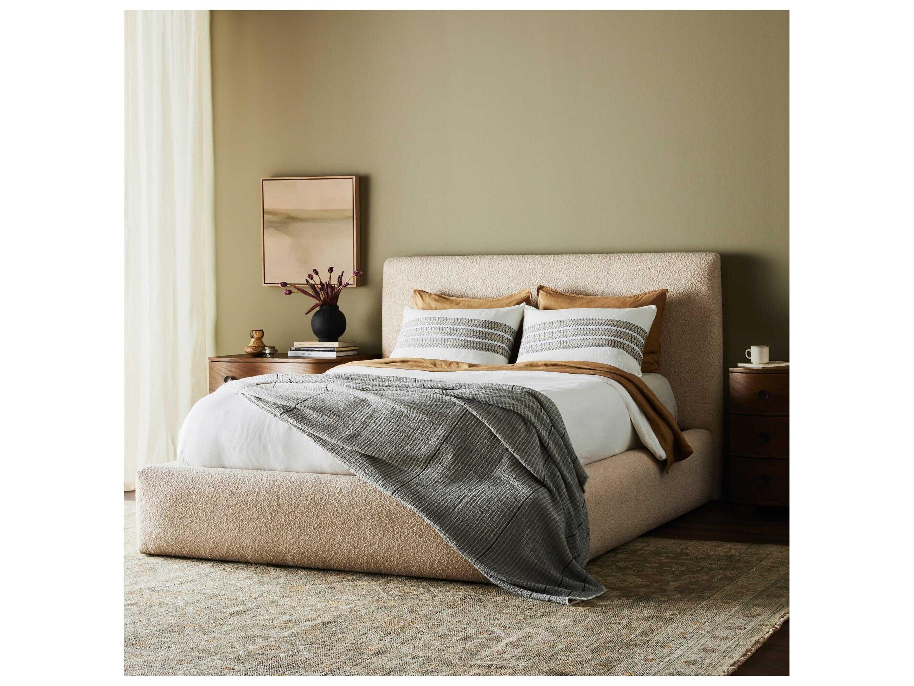 Four Hands Easton Quincy Lisbon Cream Black Beige Parrawood Upholstered Queen Platform Bed