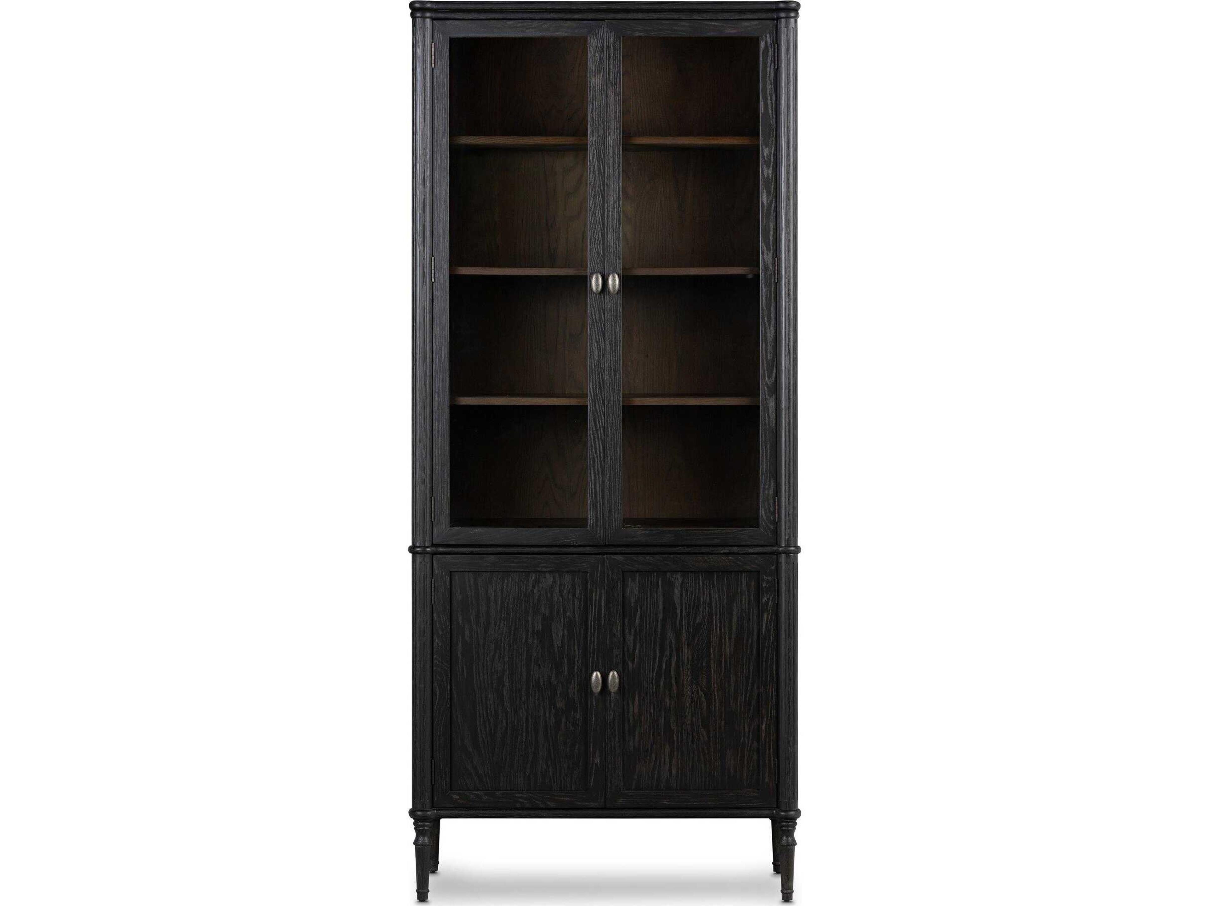 Four Hands Collins Toulouse Oak Wood Distressed Black Honey Grey Aged Brass Display Cabinet