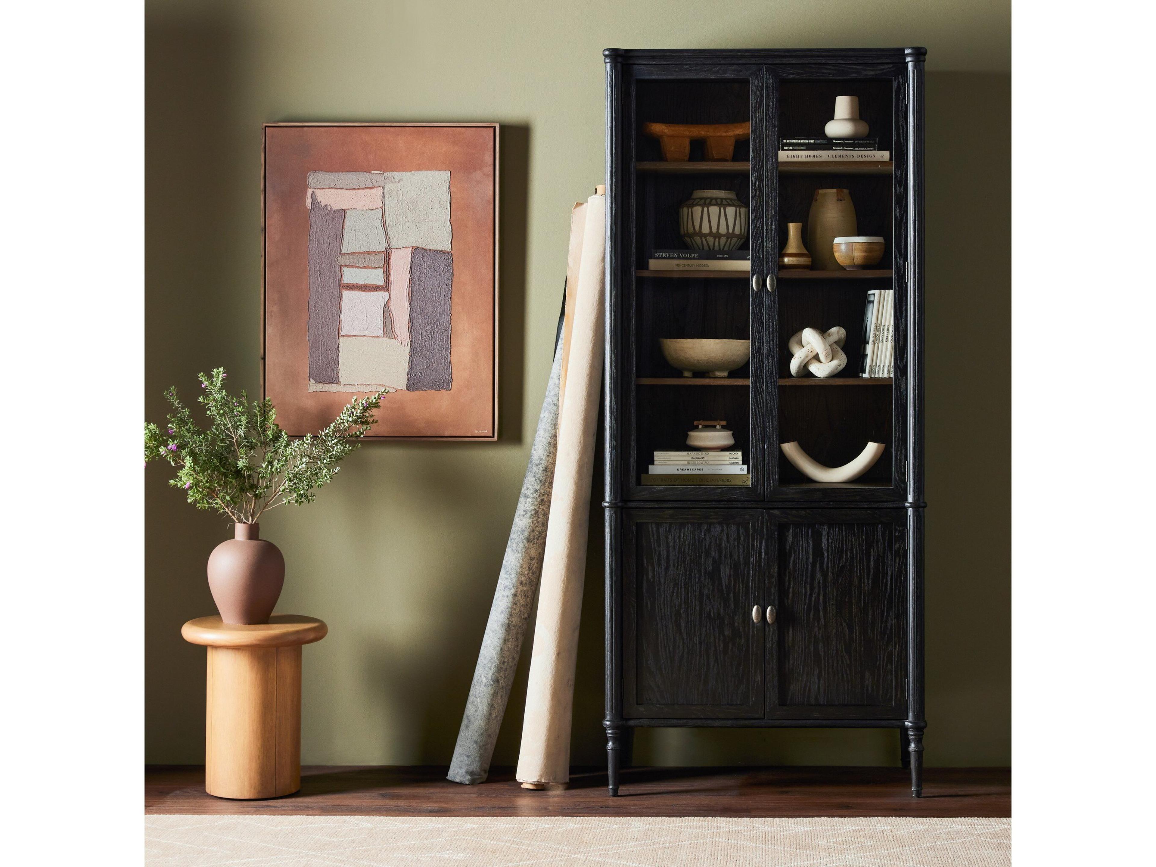 Four Hands Collins Toulouse Oak Wood Distressed Black Honey Grey Aged Brass Display Cabinet