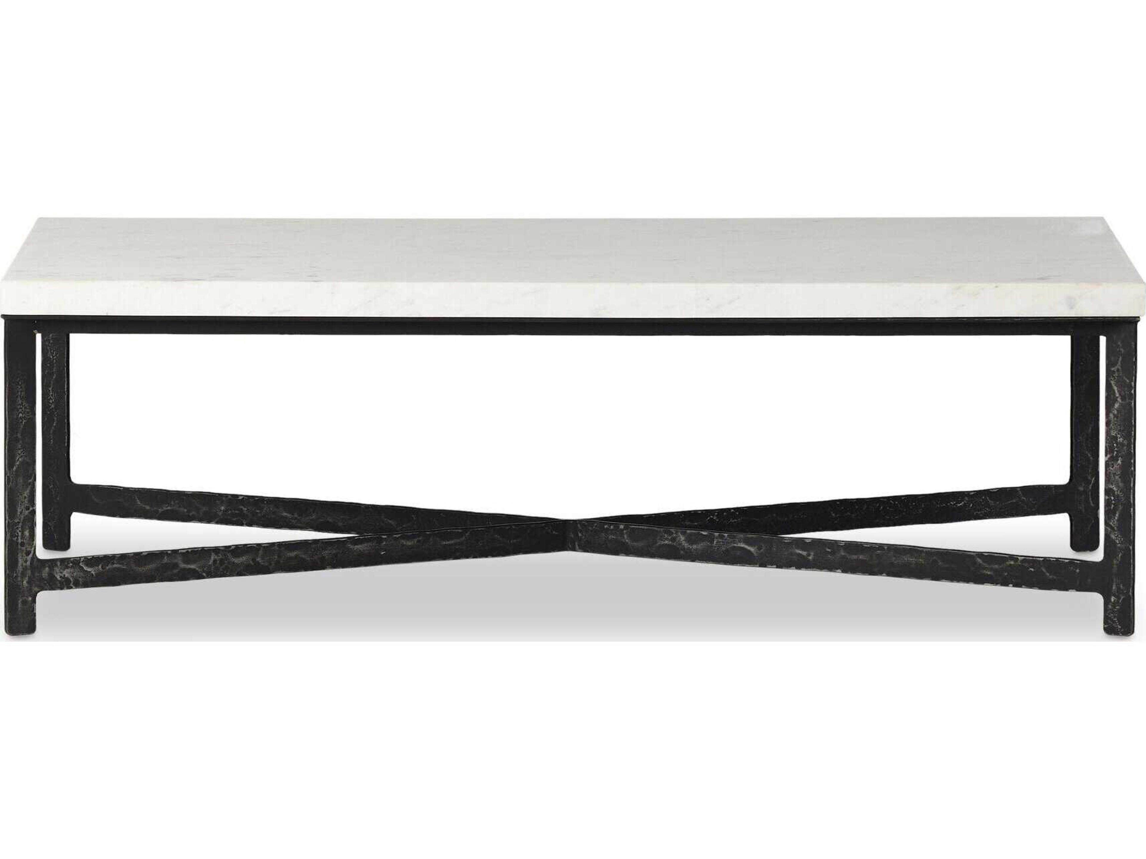 Four Hands Element Rectangular White Marble Hammered Black Iron Coffee Table
