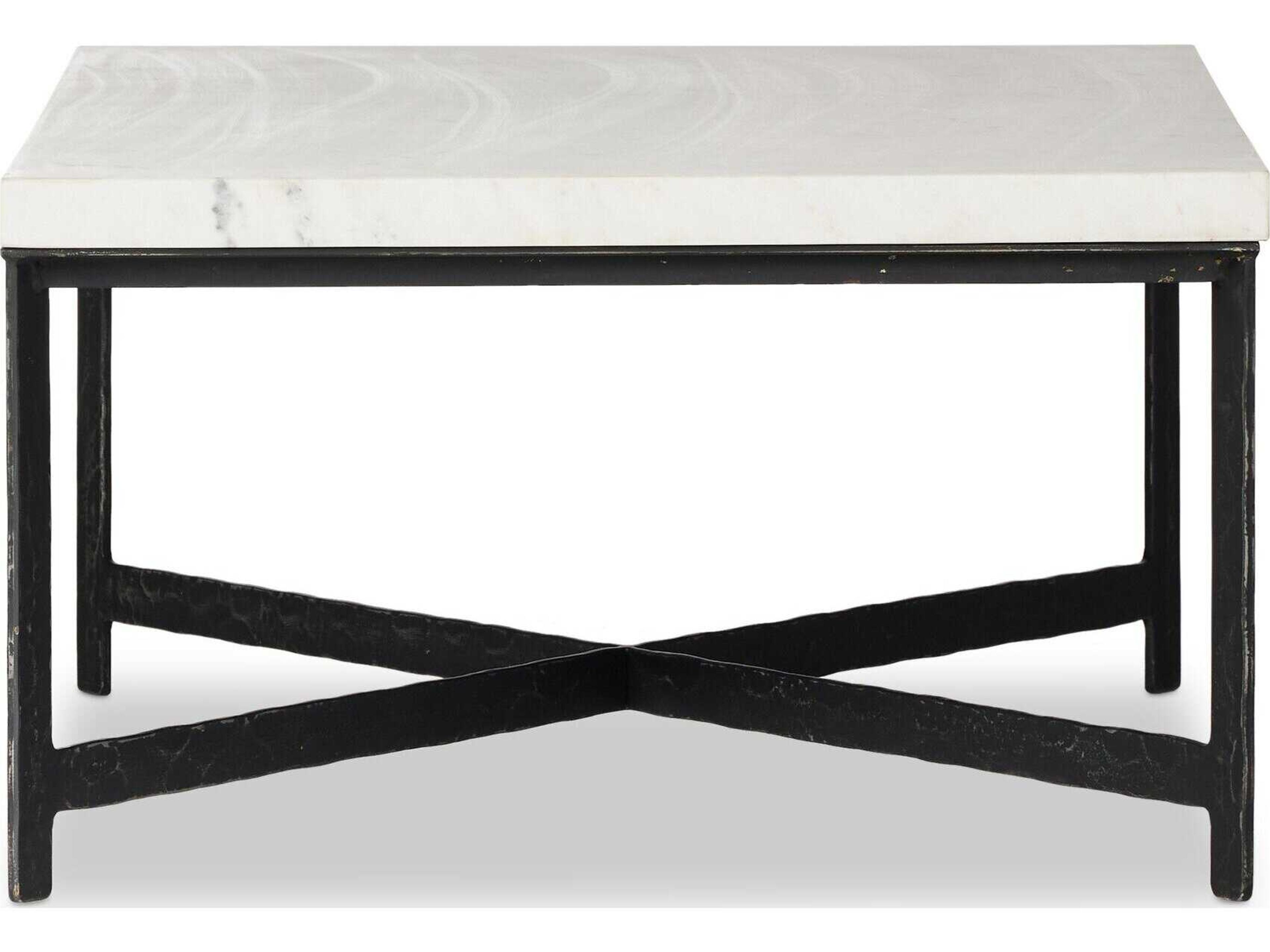 Four Hands Element Rectangular White Marble Hammered Black Iron Coffee Table