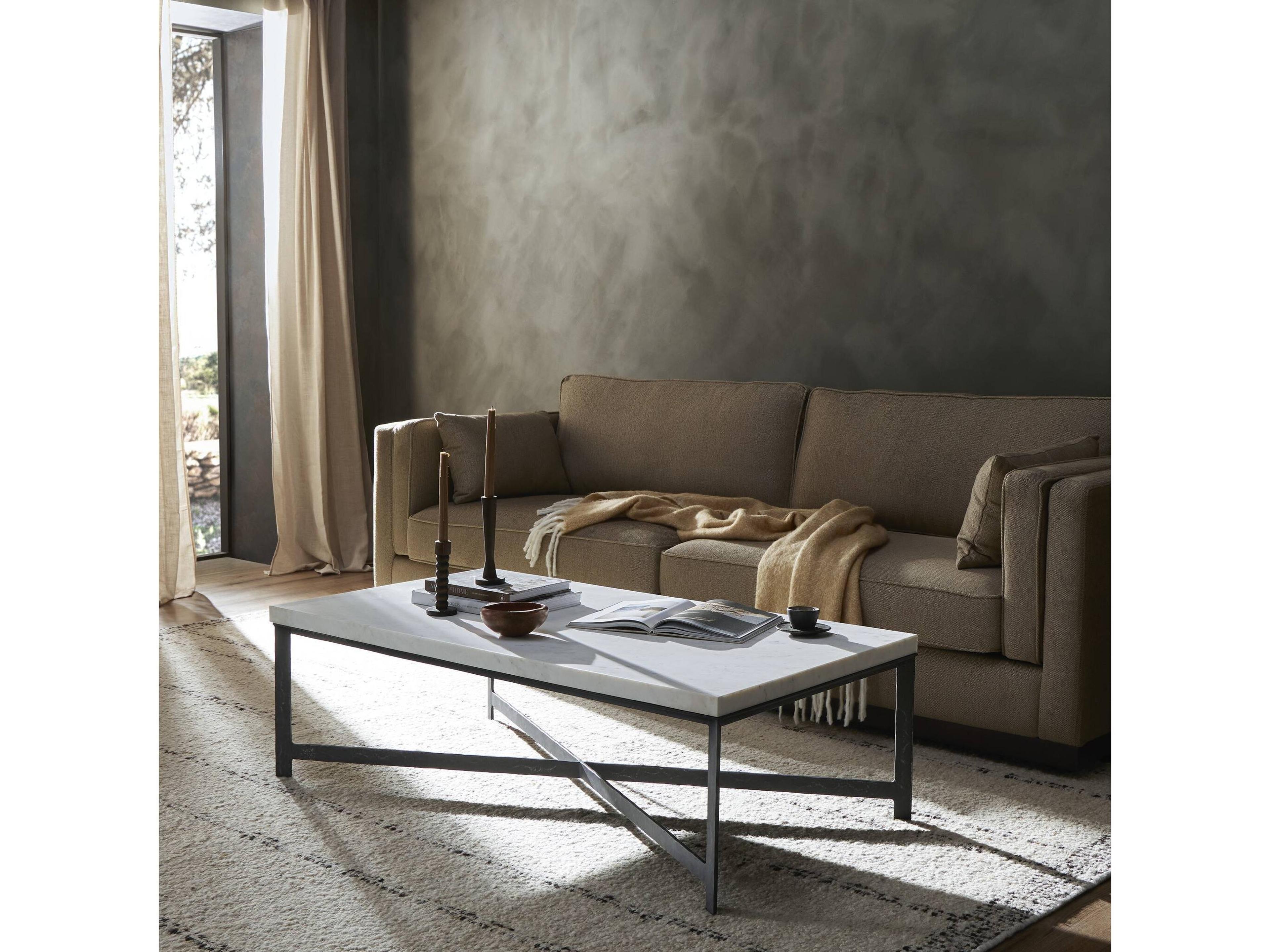 Four Hands Element Rectangular White Marble Hammered Black Iron Coffee Table