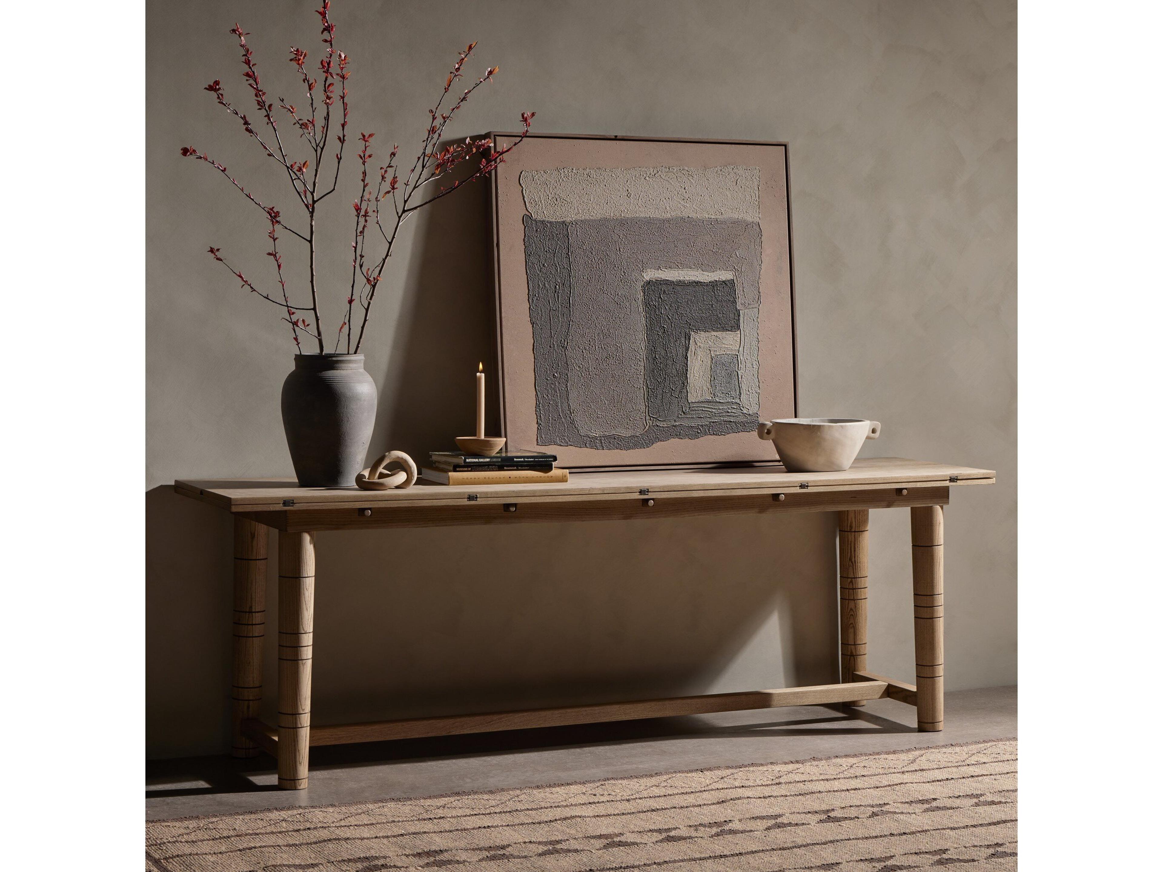 Four Hands Allston Flip Top Rectangular Wood Antique Brass Toasted Ash Console Table