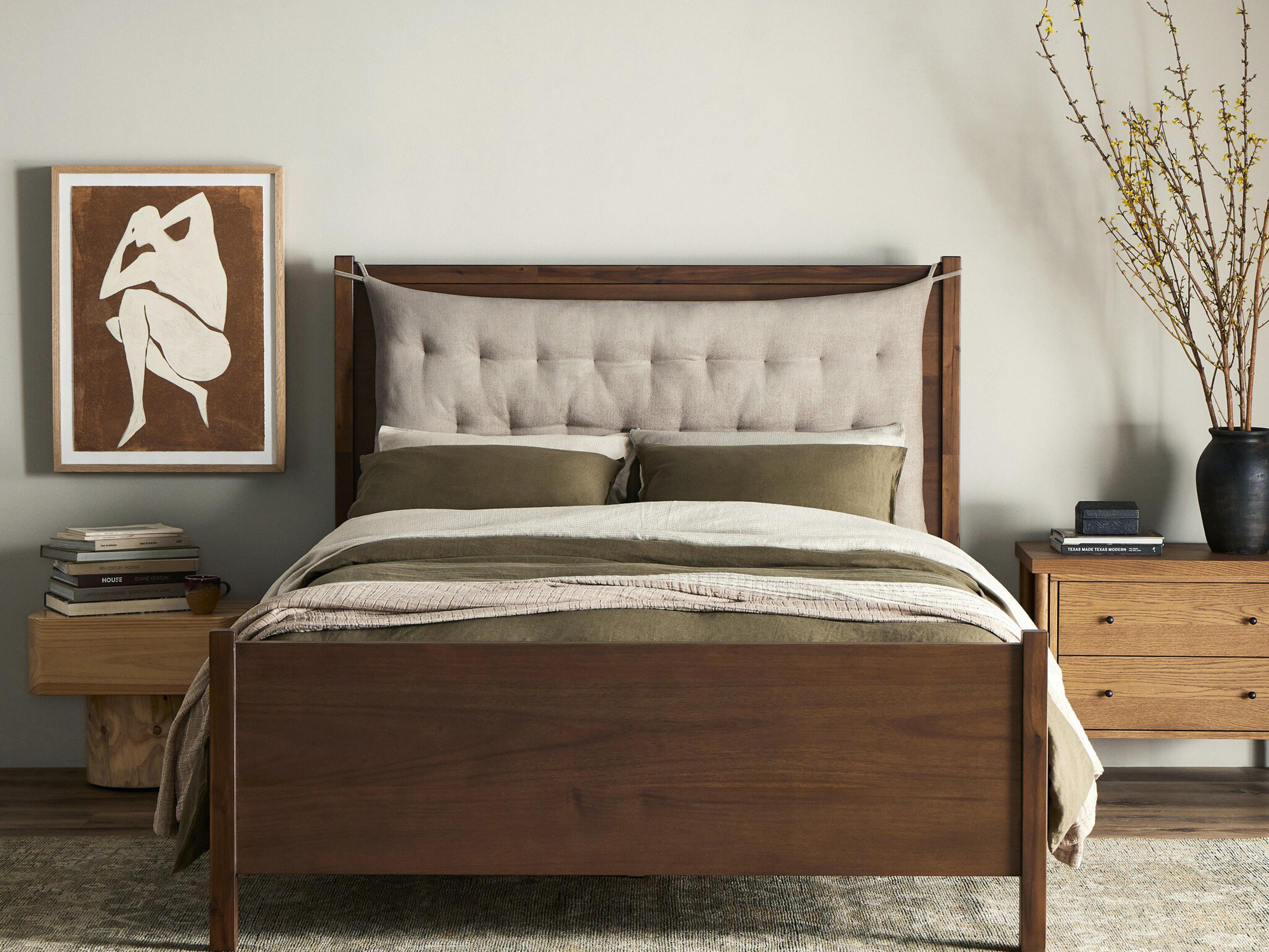 Four Hands Patten Sullivan Brown Acacia Wood Upholstered Queen Panel Bed