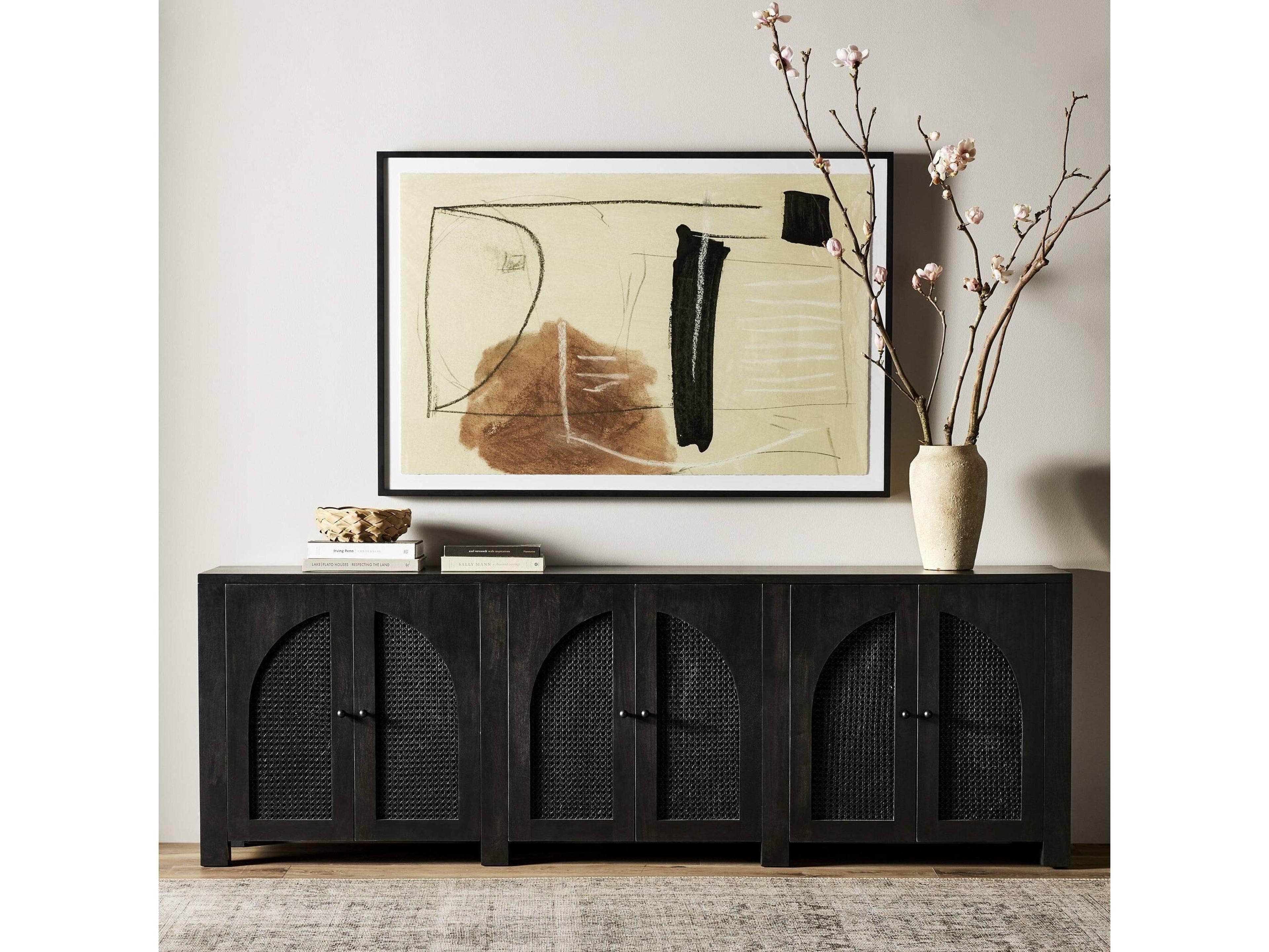 Four Hands Leighton Tilda 98" Mango Wood Black Wash Iron Circle Cane Sideboard