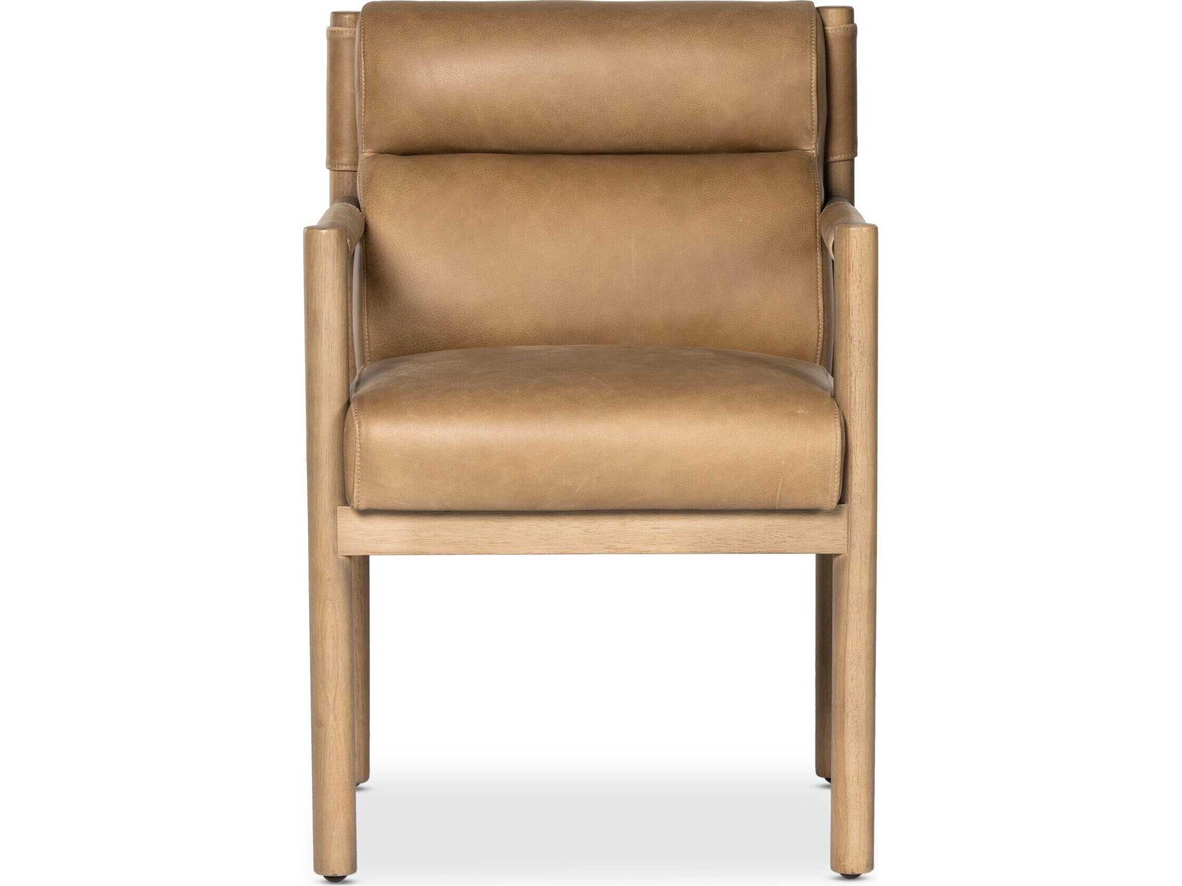 Four Hands Caswell Kiano Leather Parrawood Brown Upholstered Arm Dining Chair
