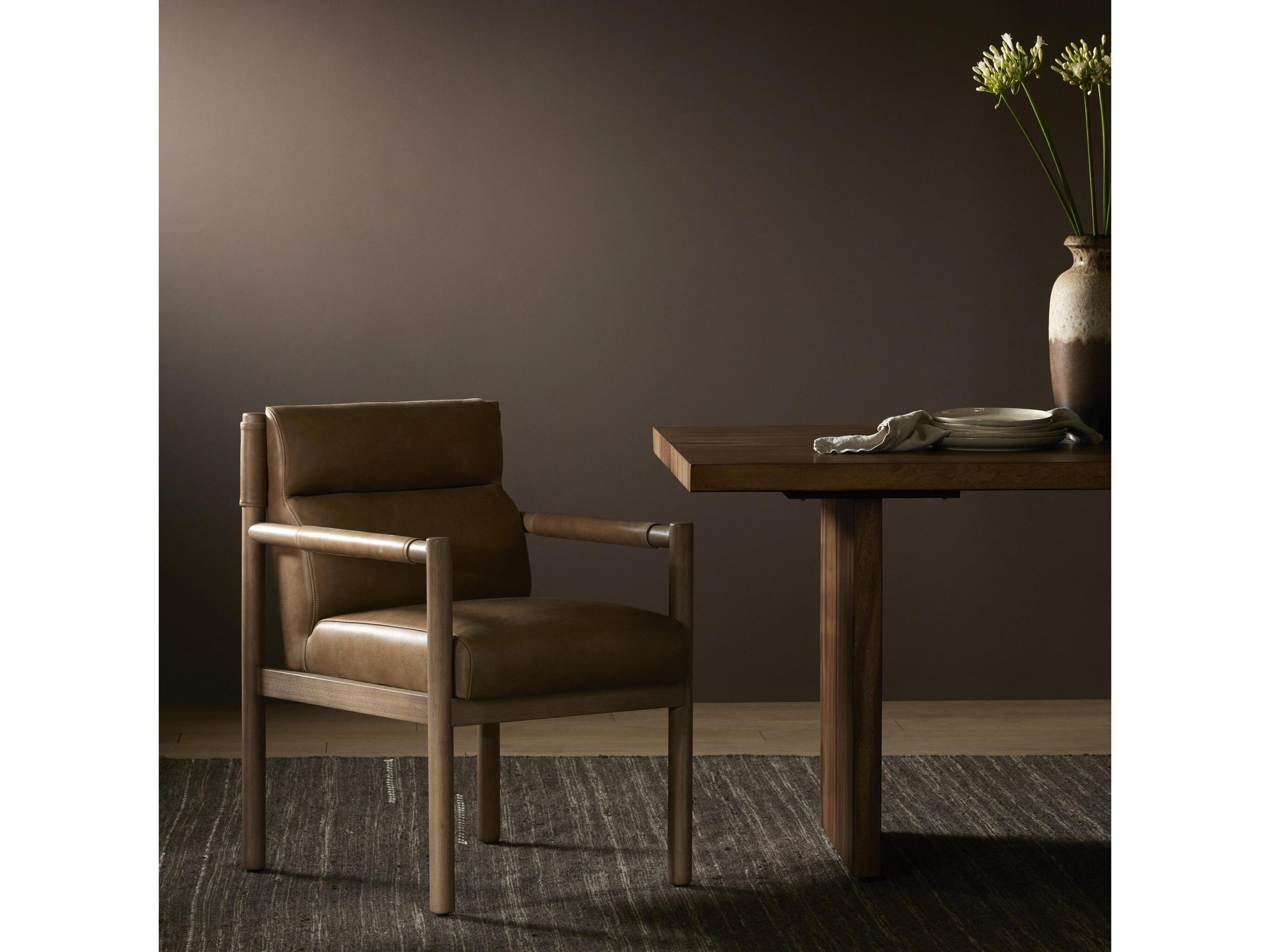 Four Hands Caswell Kiano Leather Parrawood Brown Upholstered Arm Dining Chair