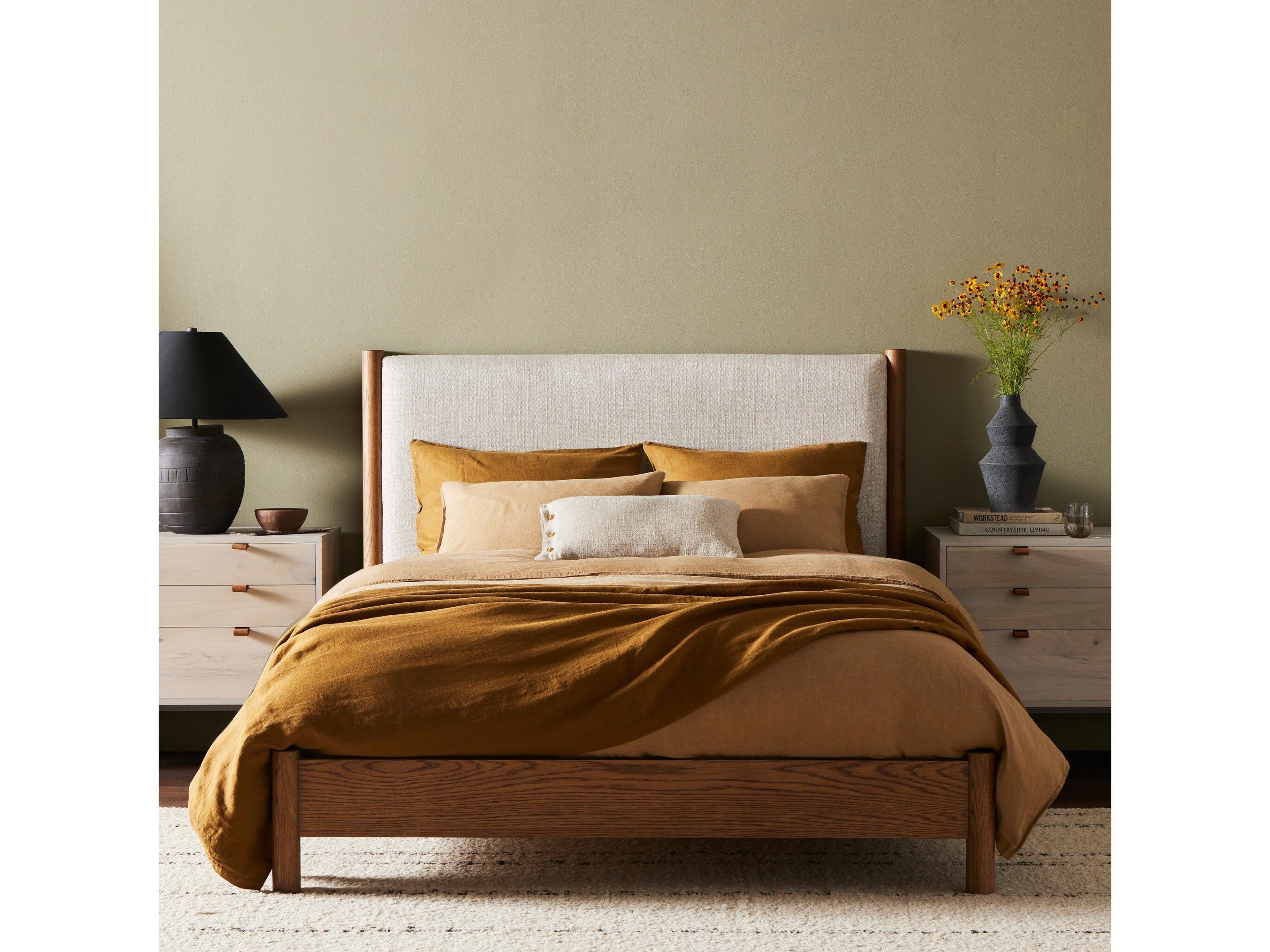 Four Hands Bolton Roark Beige Oak Wood Upholstered Queen Platform Bed