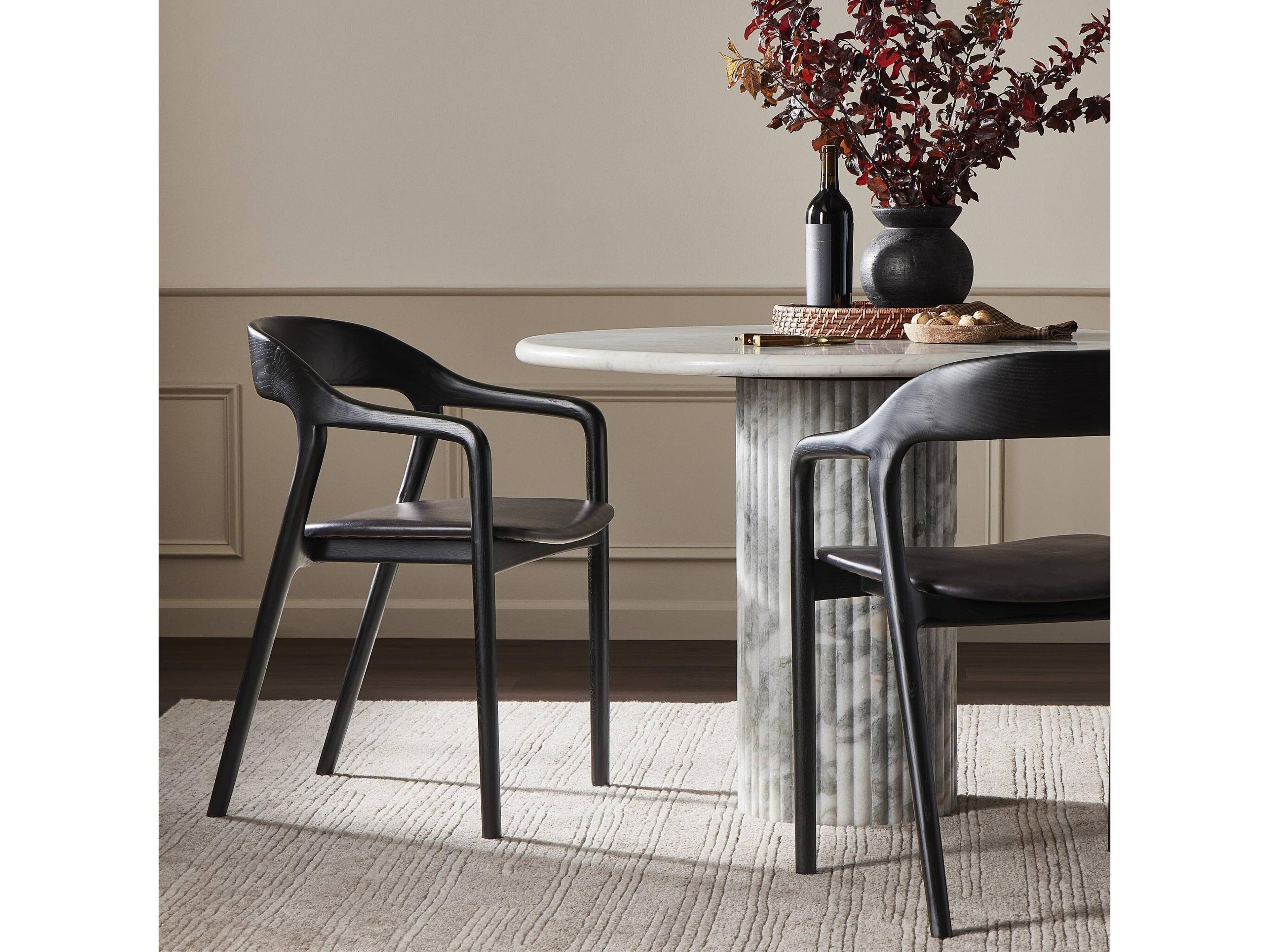 Four Hands Allston Amare Leather Ash Wood Black Upholstered Arm Dining Chair