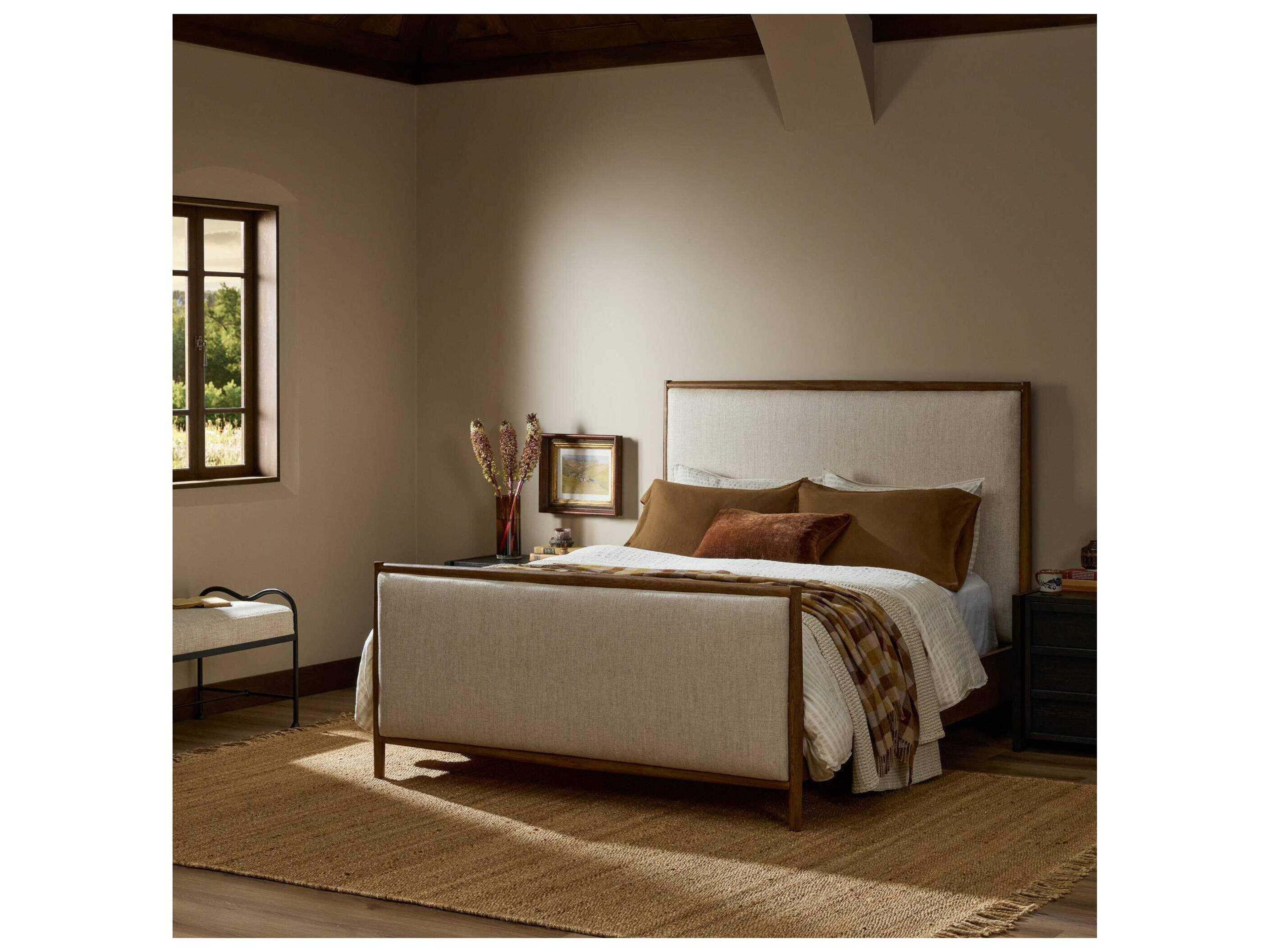 Four Hands Bolton Glenview Essence Natural Weathered Oak Beige Wood Upholstered Queen Panel Bed