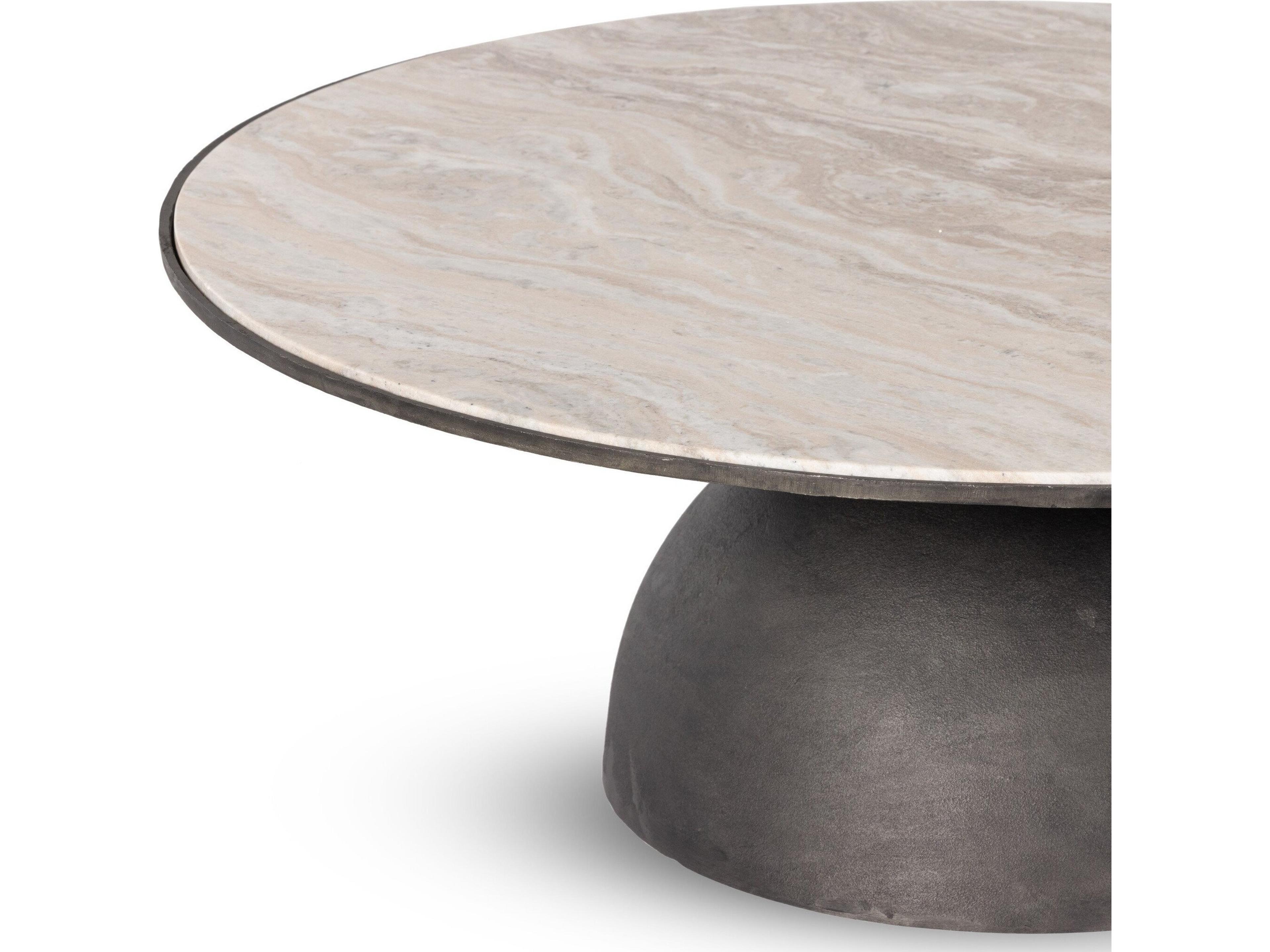 Four Hands Marlow Corbett Round Hammered Grey Creamy Taupe Marble Coffee Table
