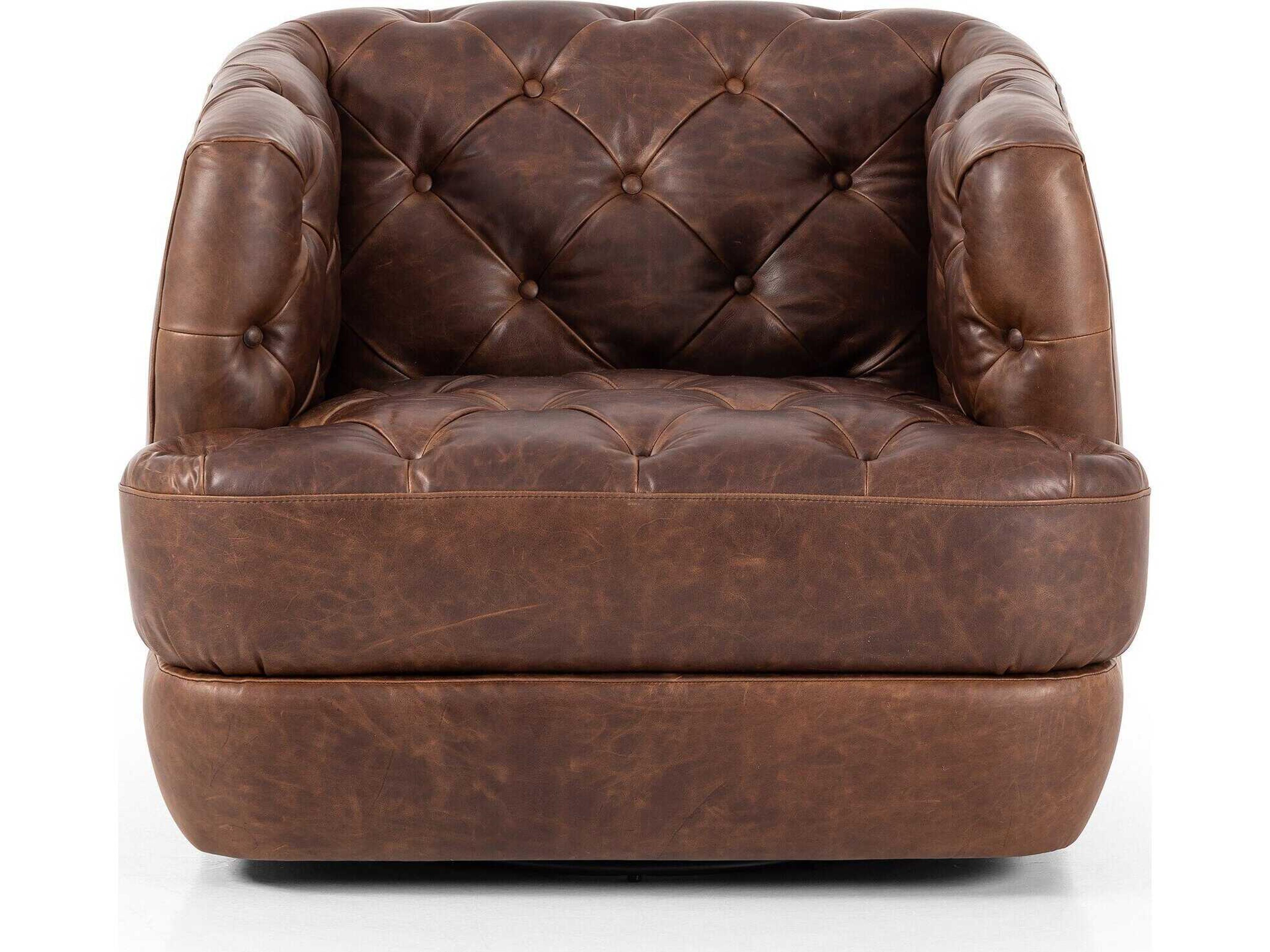 Four Hands Kensington Paul Swivel Brown Leather Accent Chair