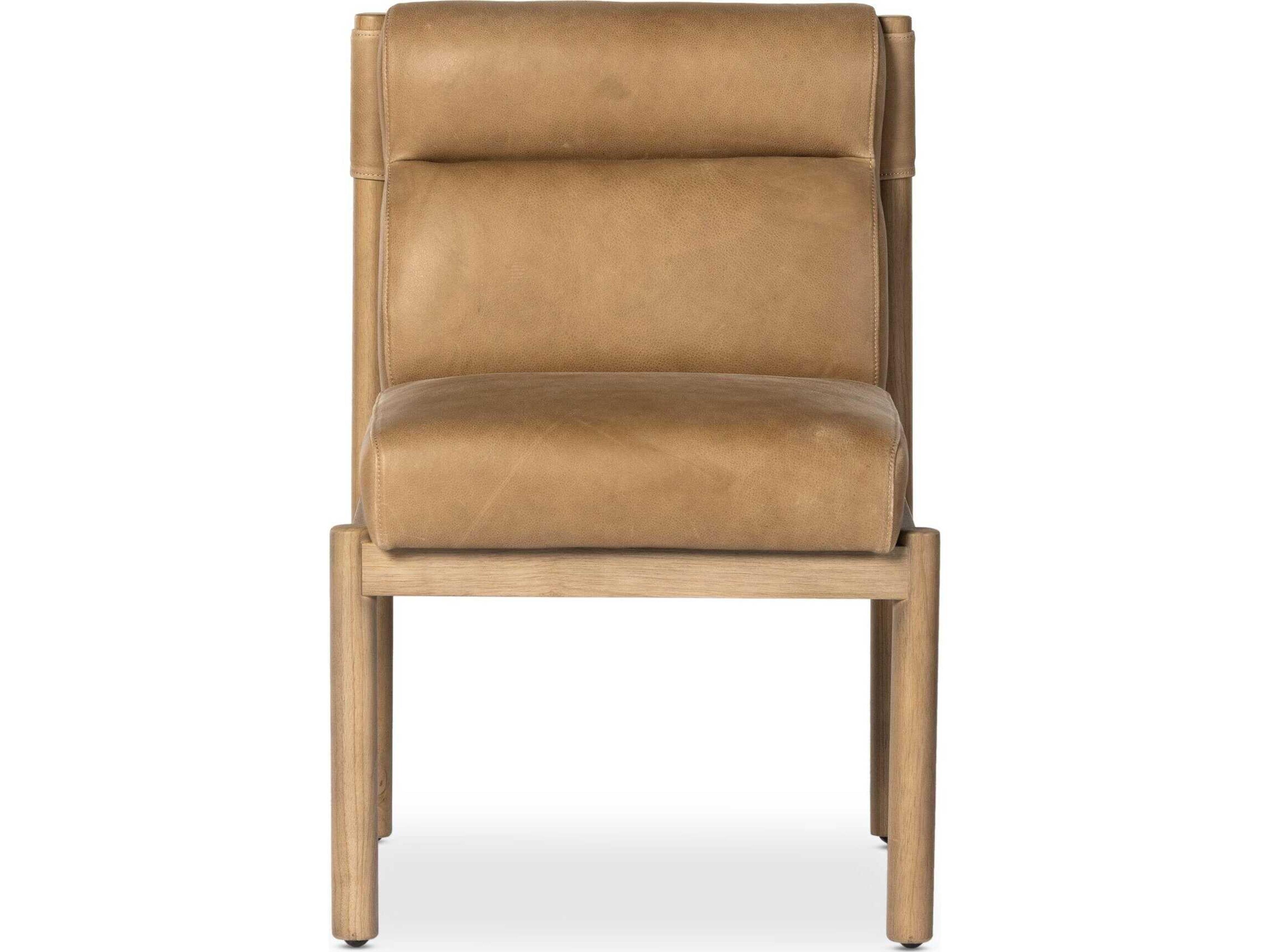 Four Hands Caswell Kiano Leather Parrawood Brown Upholstered Side Dining Chair