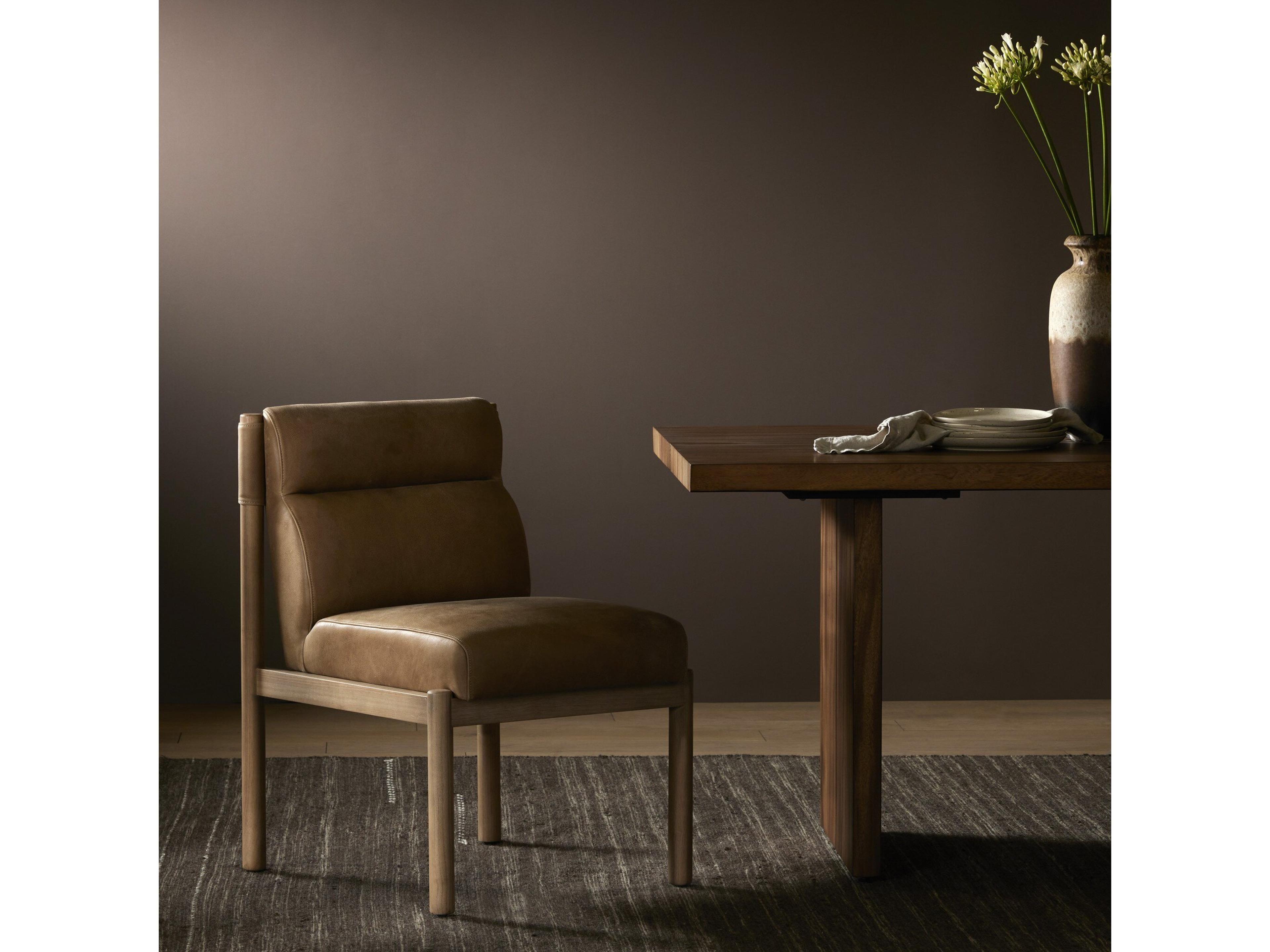 Four Hands Caswell Kiano Leather Parrawood Brown Upholstered Side Dining Chair
