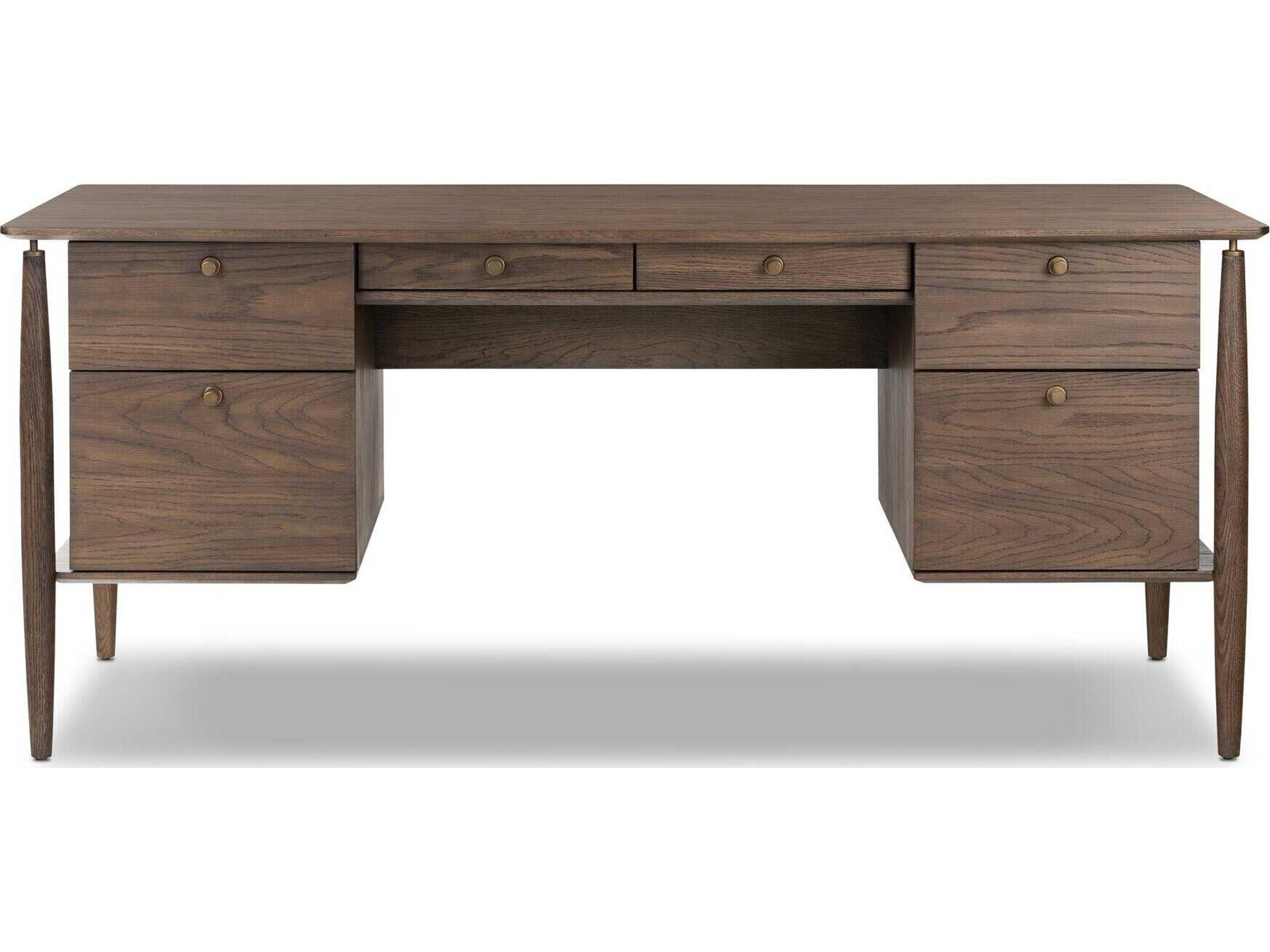 Four Hands Haiden Aged Oak Veneer Rubbed Bronze Brown Wood Executive Desk