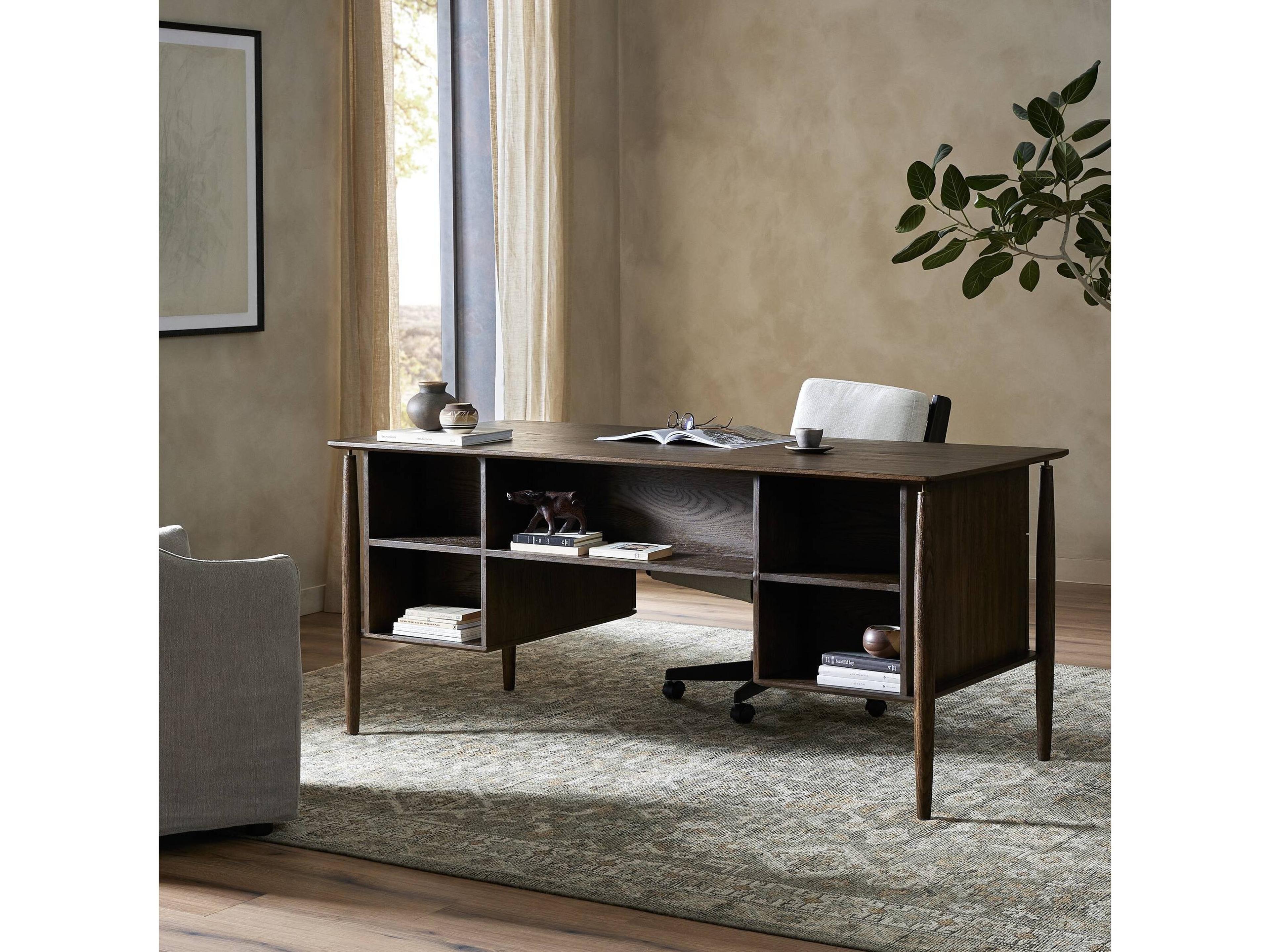 Four Hands Haiden Aged Oak Veneer Rubbed Bronze Brown Wood Executive Desk