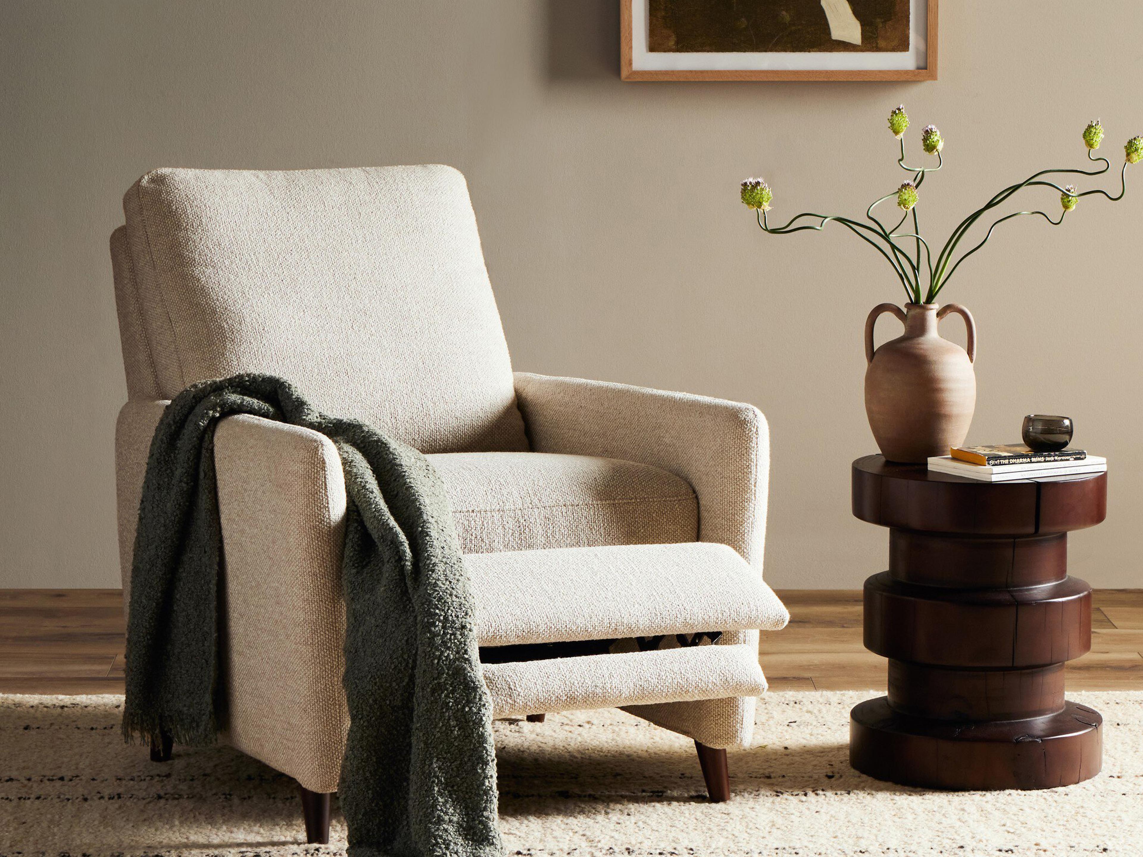 Four Hands Centrale Wallen Nova Taupe Dark Aubrun Walnut Beige Upholstered Recliner Chair