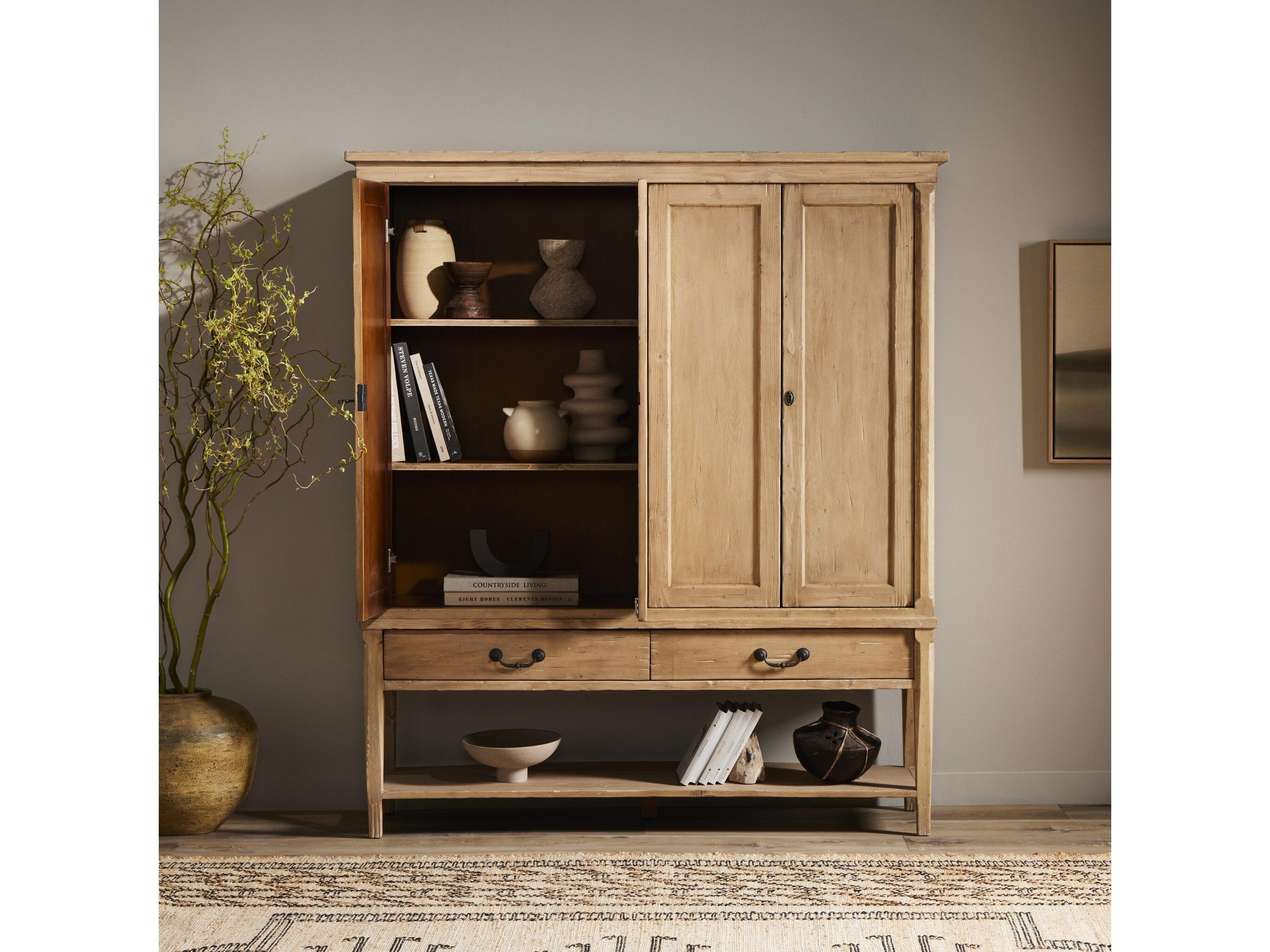 Four Hands Cordella Brimley Pine Wood Aged Light Distressed Copper Display Cabinet