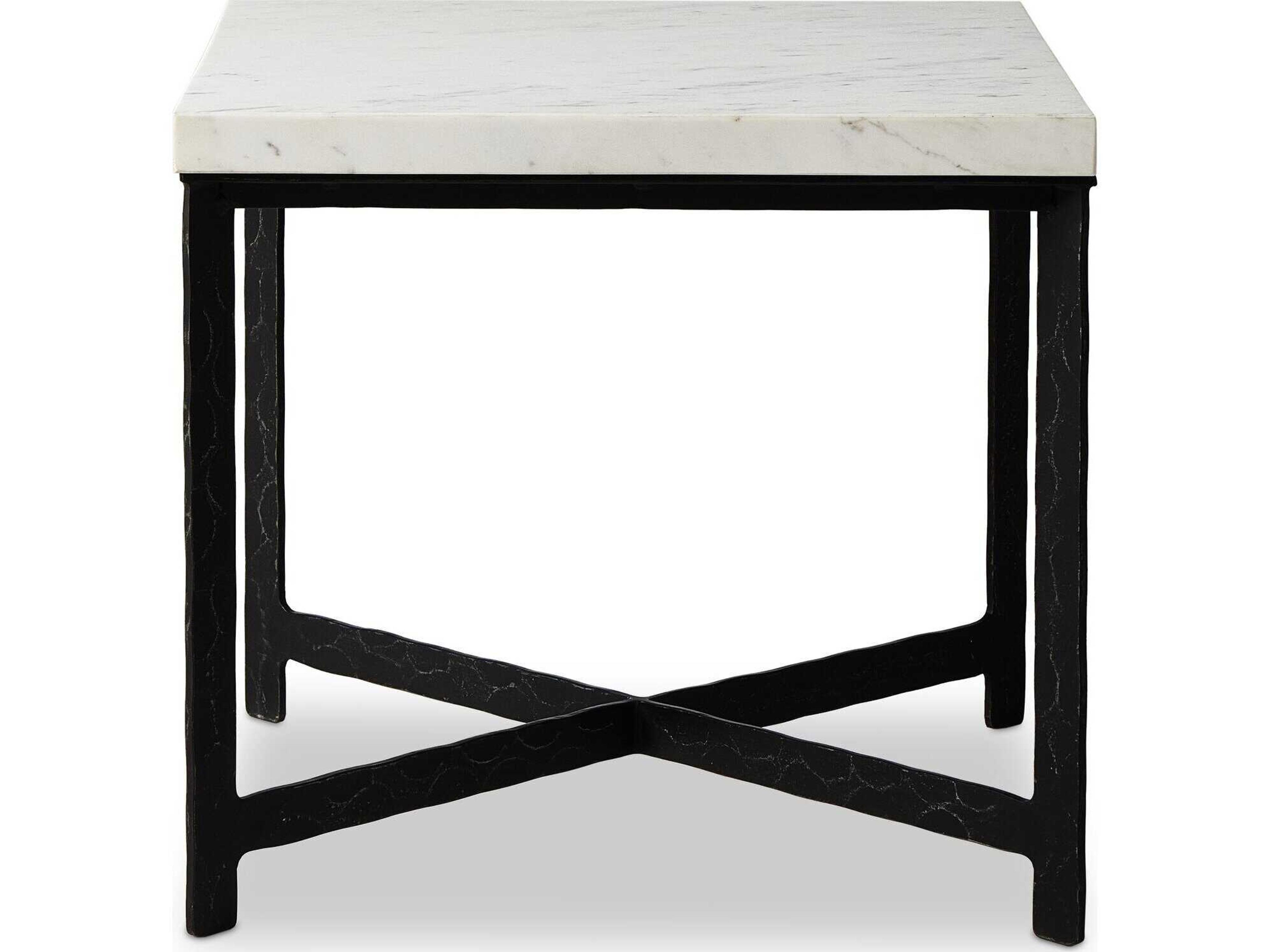 Four Hands Element Square White Marble Hammered Black Iron End Table