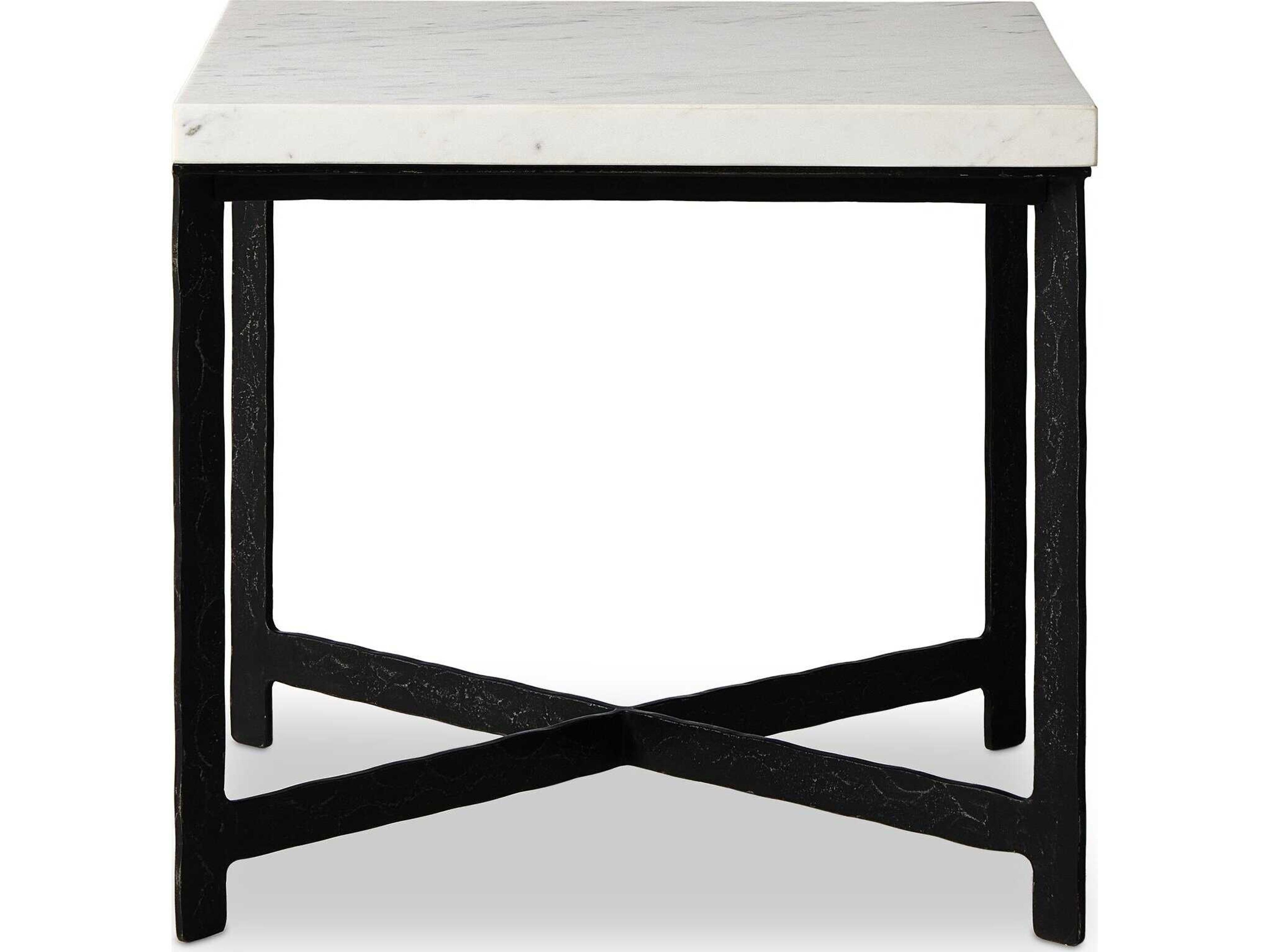 Four Hands Element Square White Marble Hammered Black Iron End Table