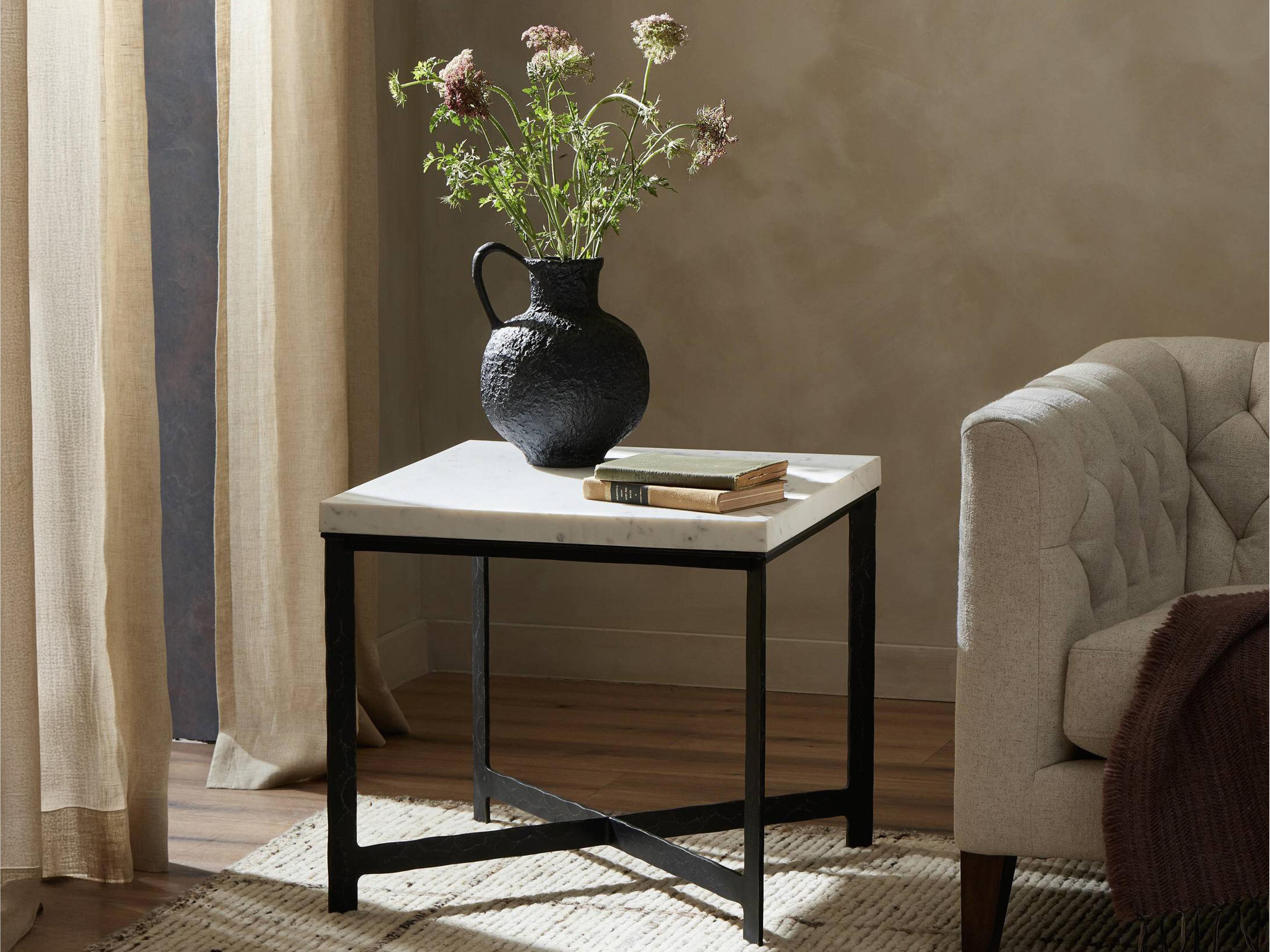 Four Hands Element Square White Marble Hammered Black Iron End Table