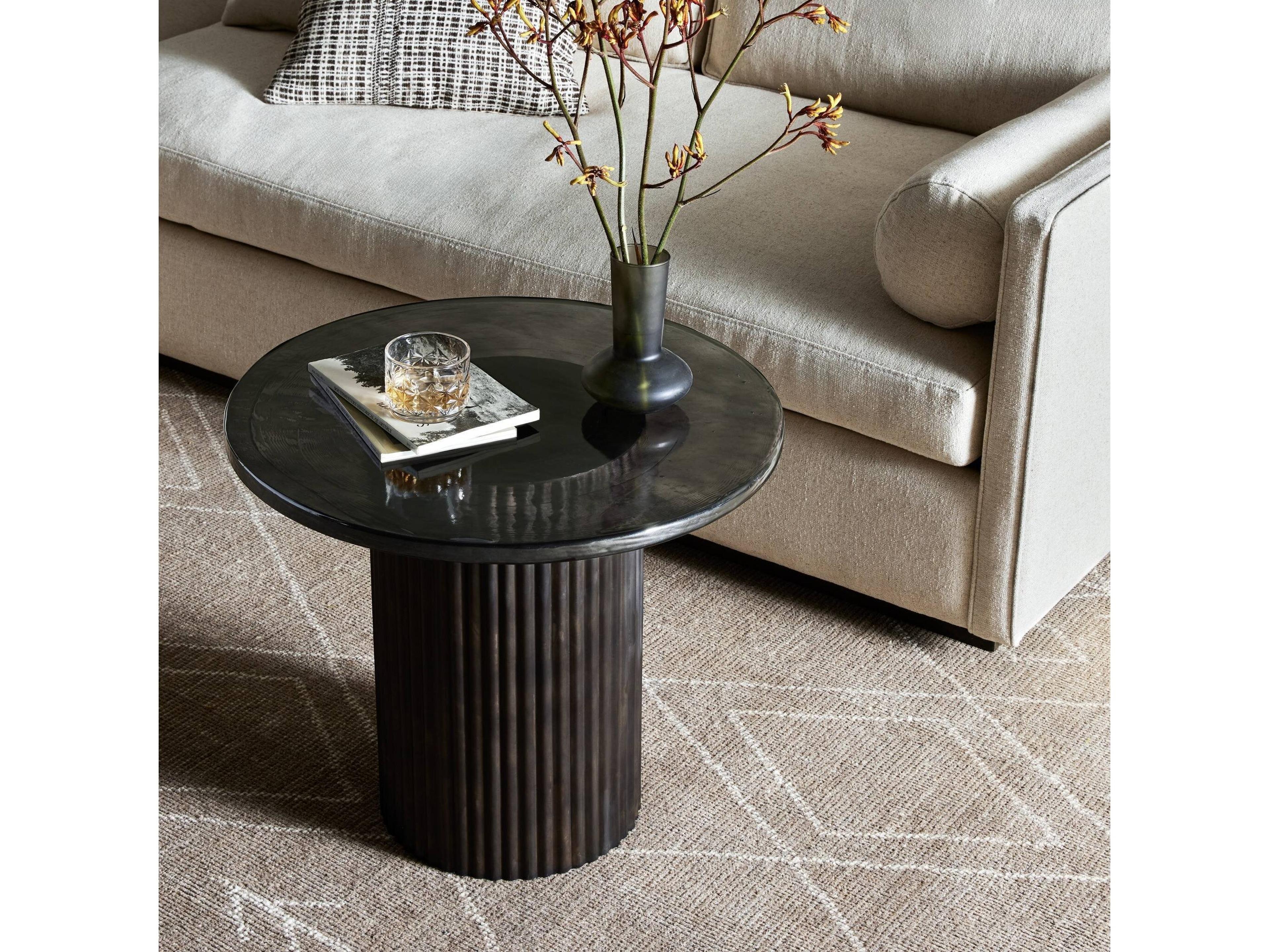 Four Hands Marlow Ruben Round Rustic Brown Smoked Black Cast Glass End Table