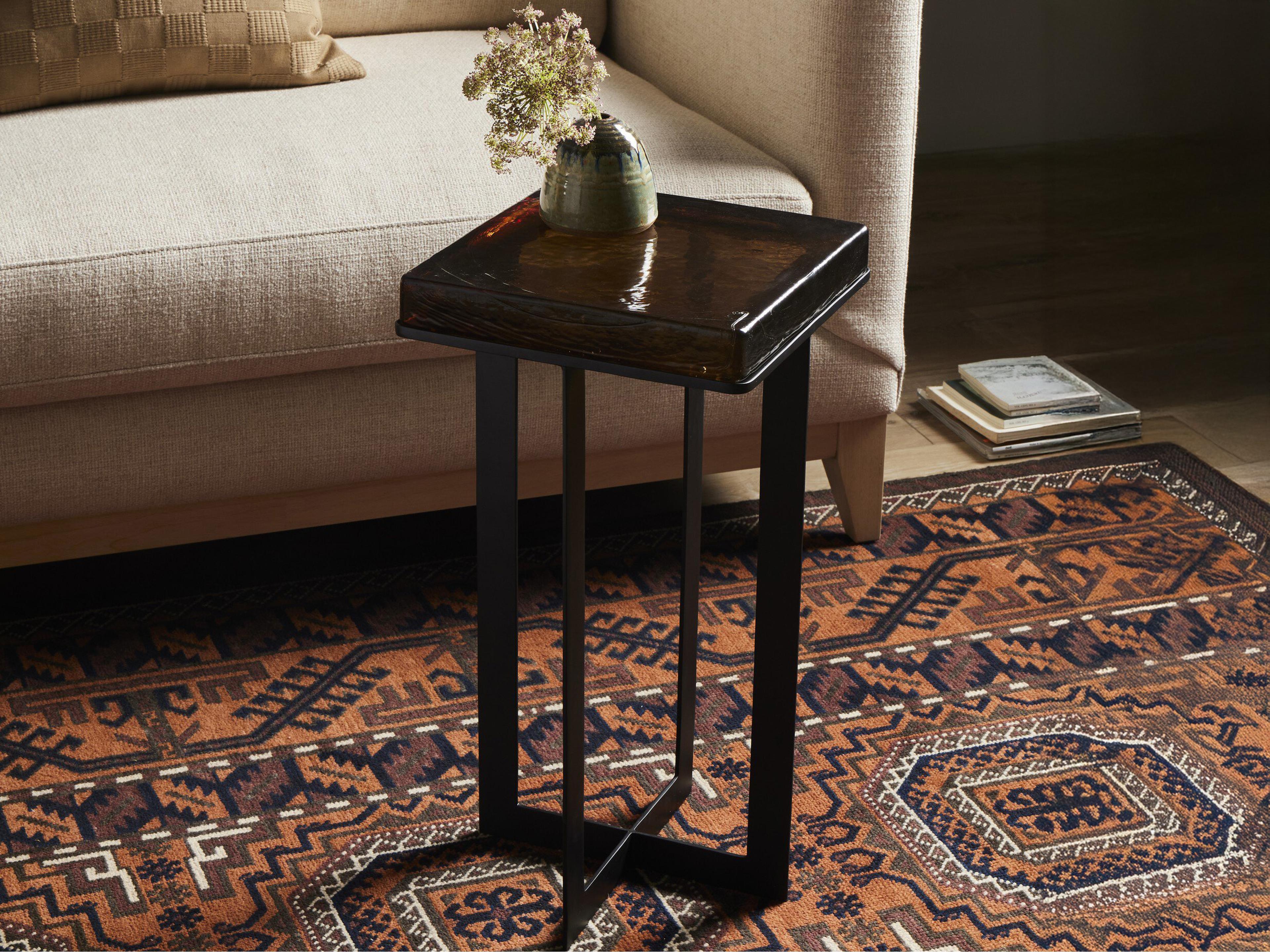 Four Hands Marlow Giselle Square Iron Matte Black Amber Cast Glass End Table
