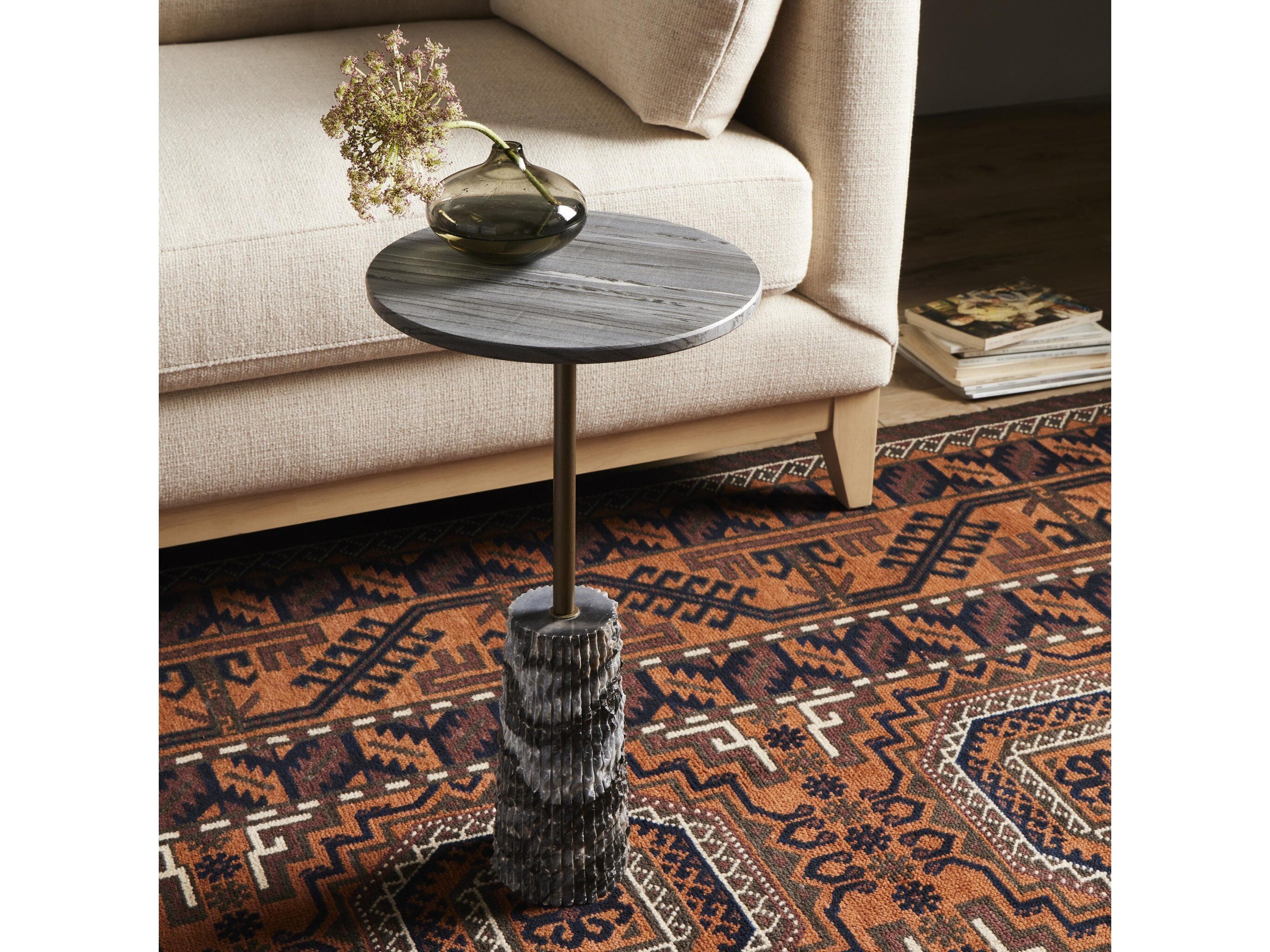Four Hands Marlow Raven Round Ribbed Ebony Marble Antique Brass End Table