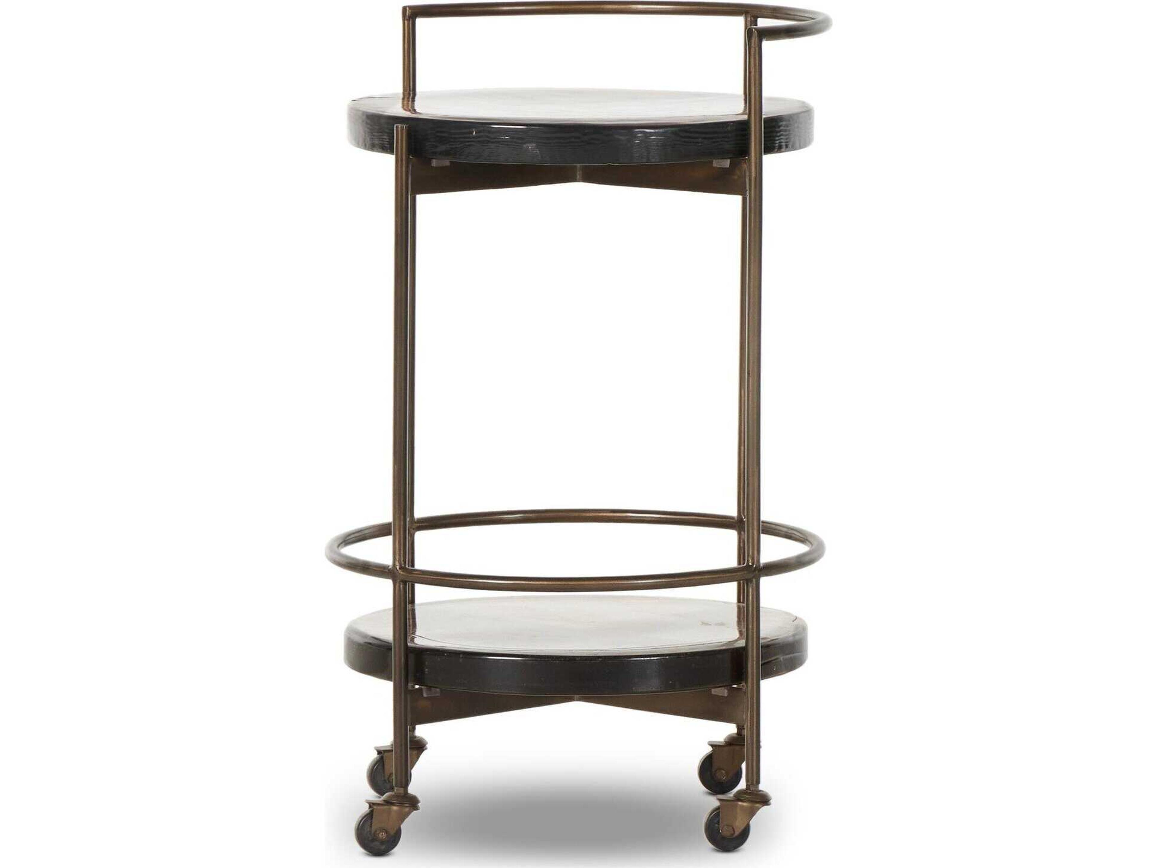 Four Hands Marlow Dark Brass Smoked Brown Cast Glass Bar Cart