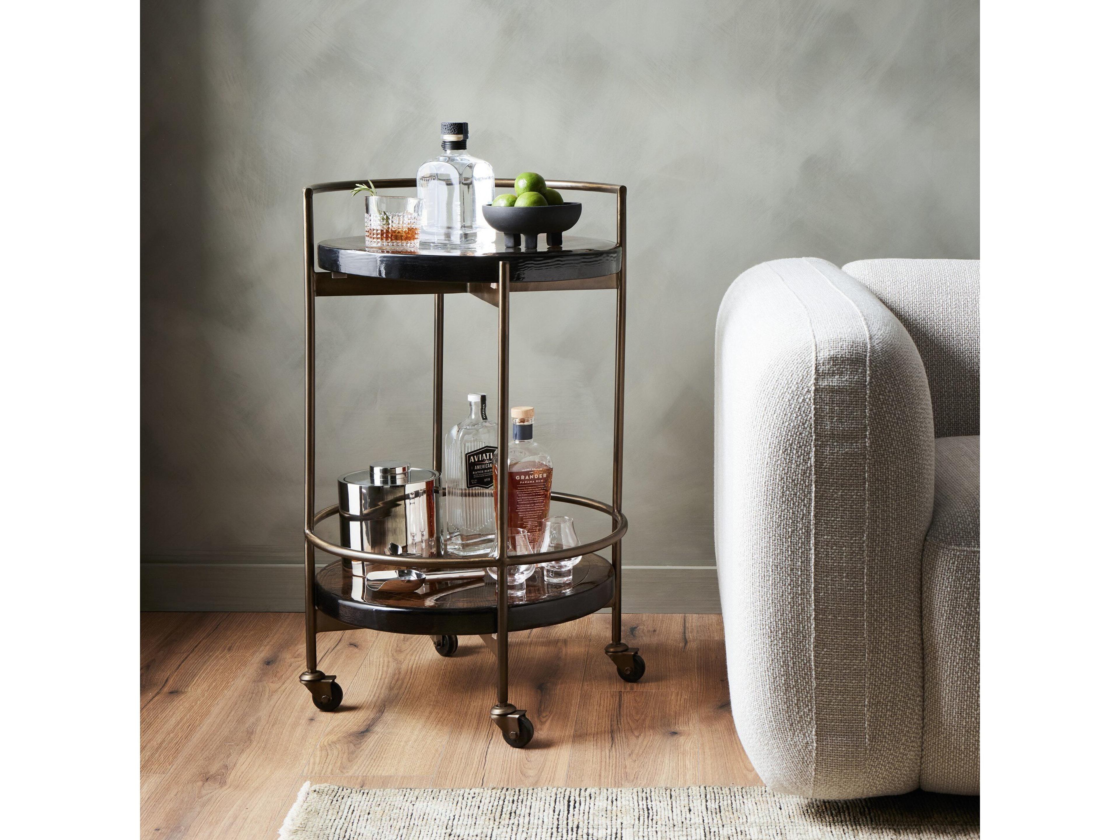 Four Hands Marlow Dark Brass Smoked Brown Cast Glass Bar Cart