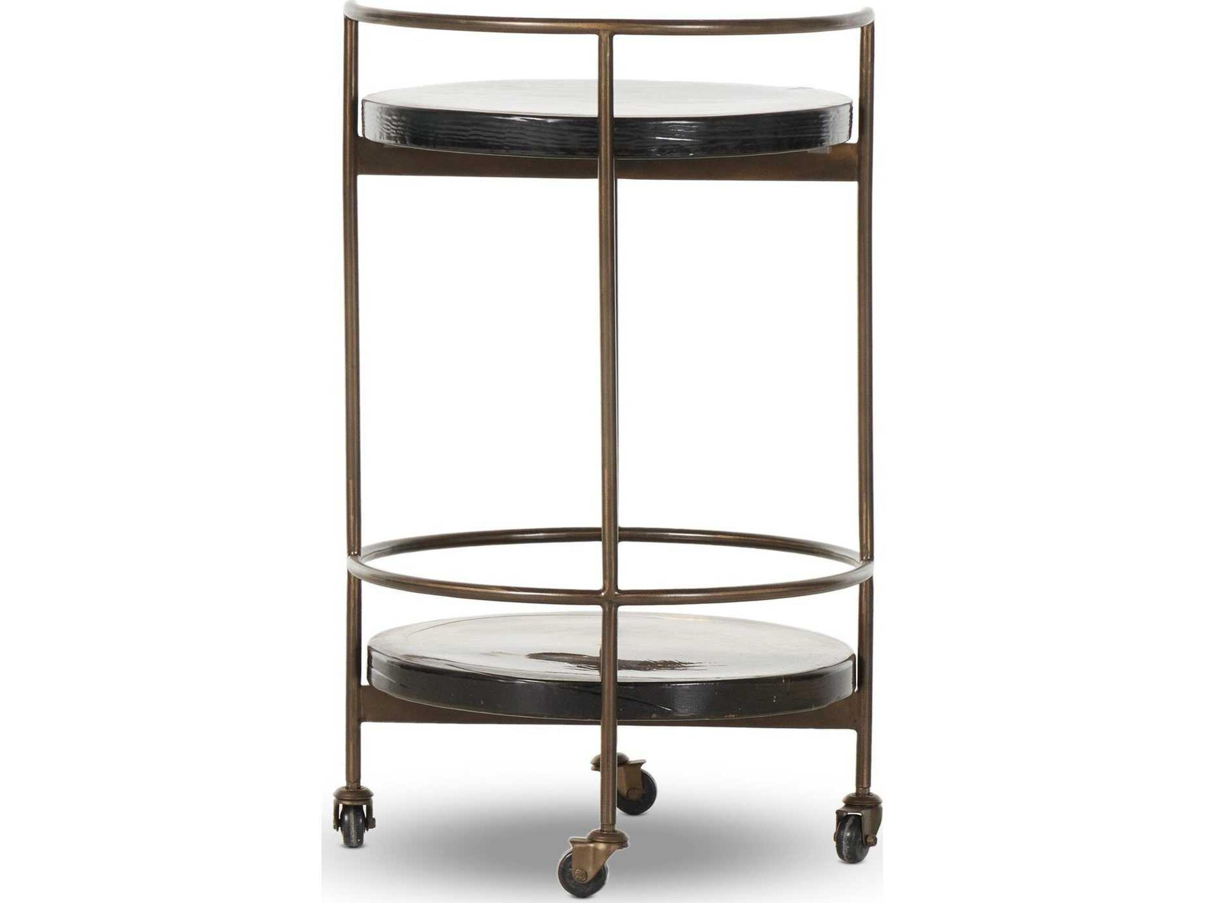 Four Hands Marlow Dark Brass Smoked Brown Cast Glass Bar Cart