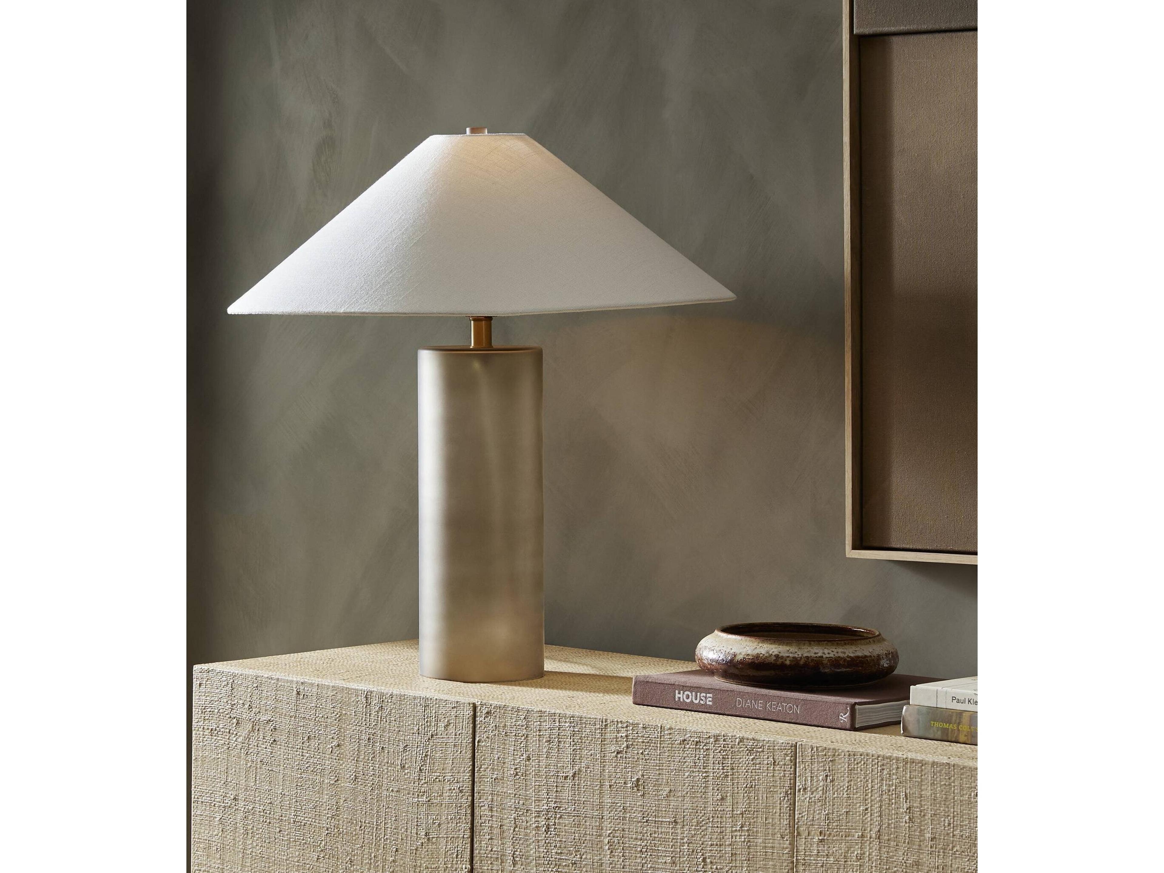 Four Hands Hutton Smoked Blown Glass Cream Linen Gray Table Lamp