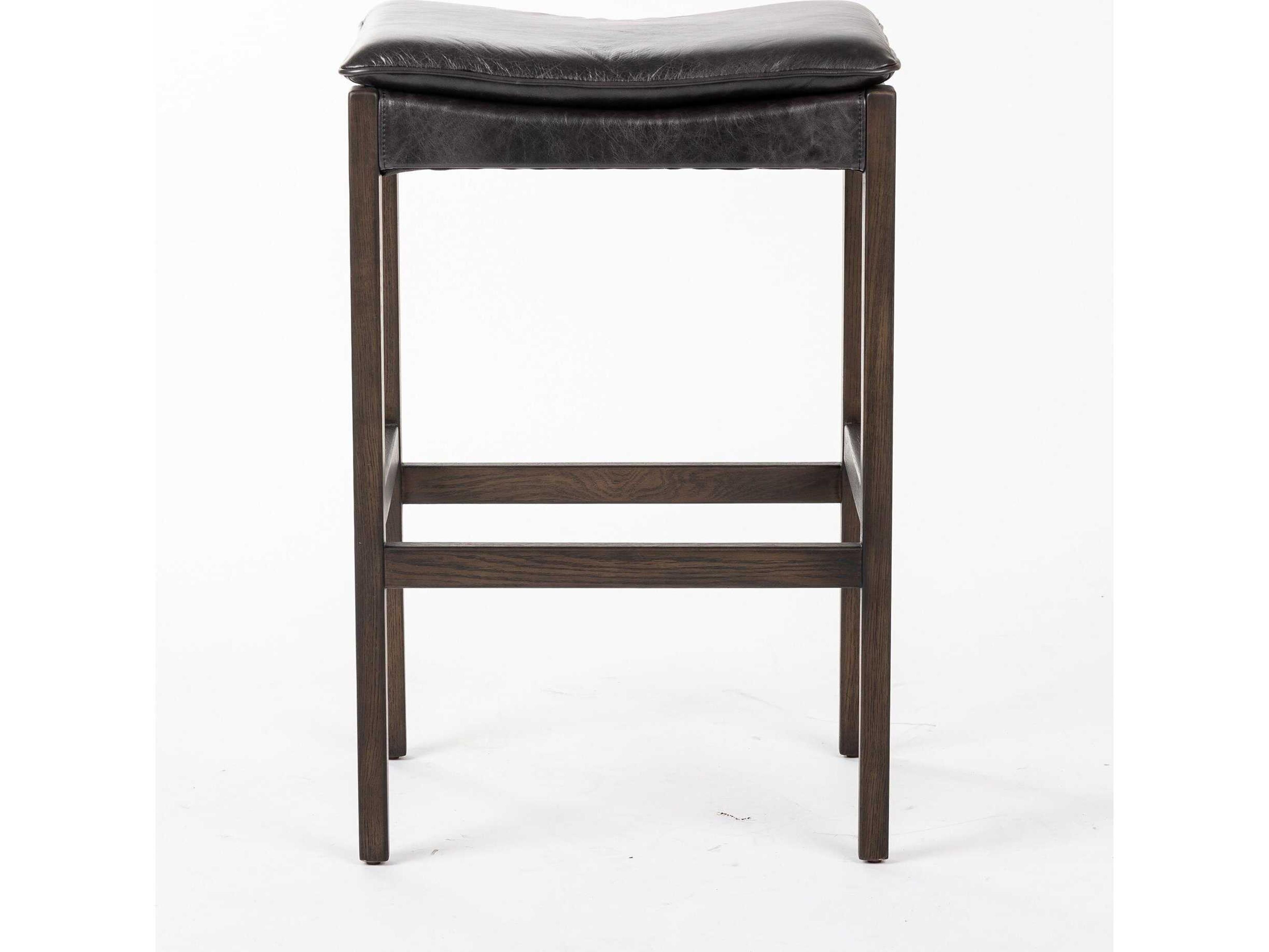 Four Hands Ashford Aya Sonoma Black Leather Oak Wood Bar Stool